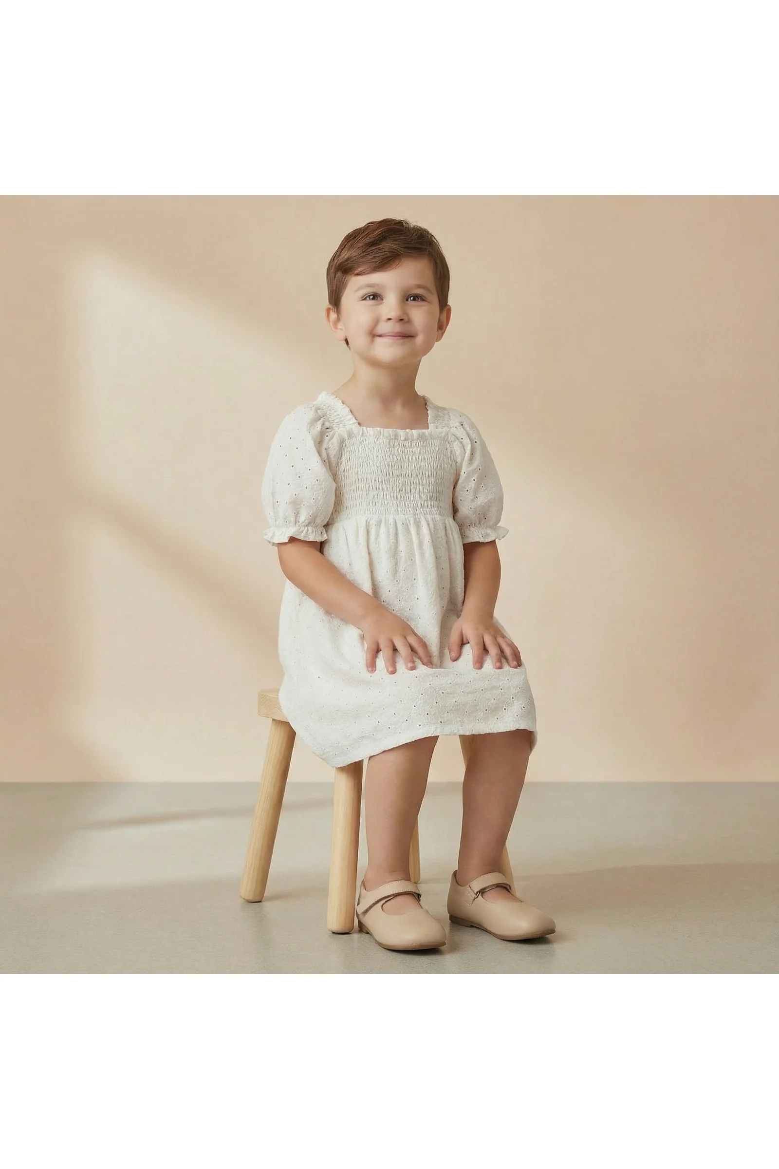 Organic Eyelet Bubble Sleeve Dress - Ivory Eyelet - Image 3