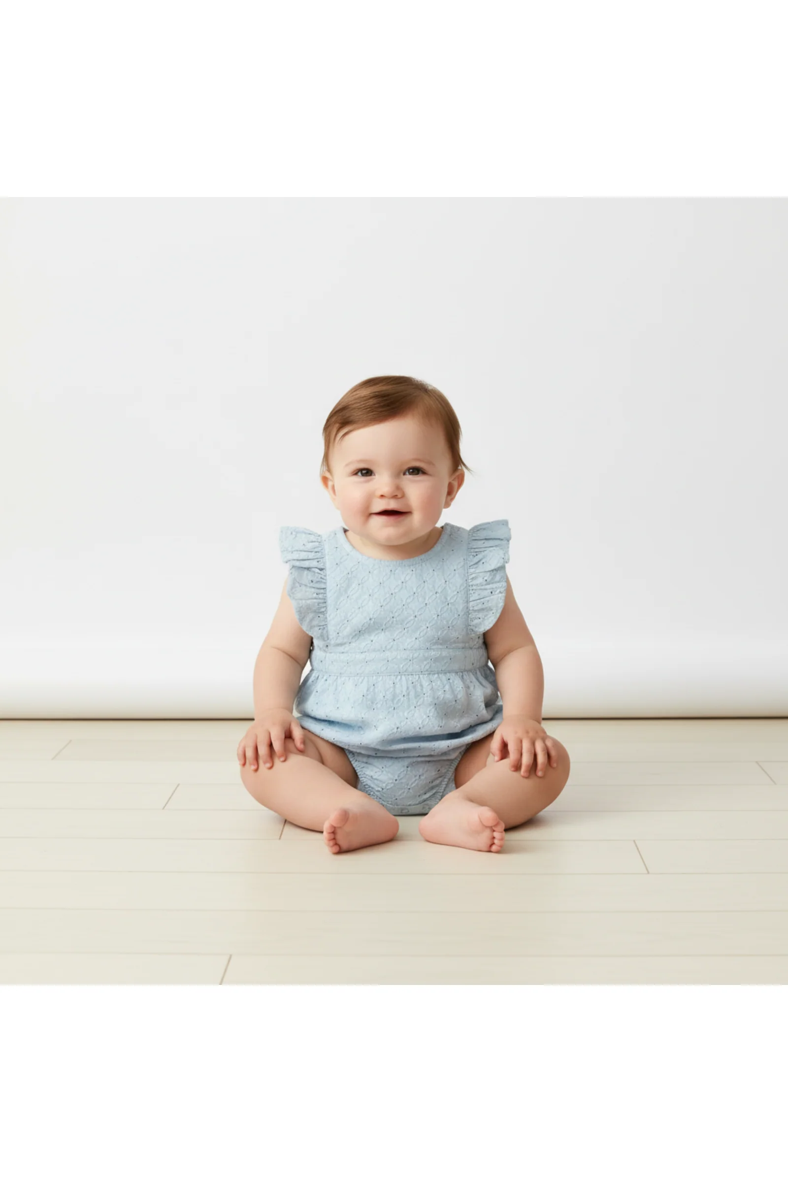 Organic Eyelet Flutter Romper - Light Blue Eyelet - Image 3
