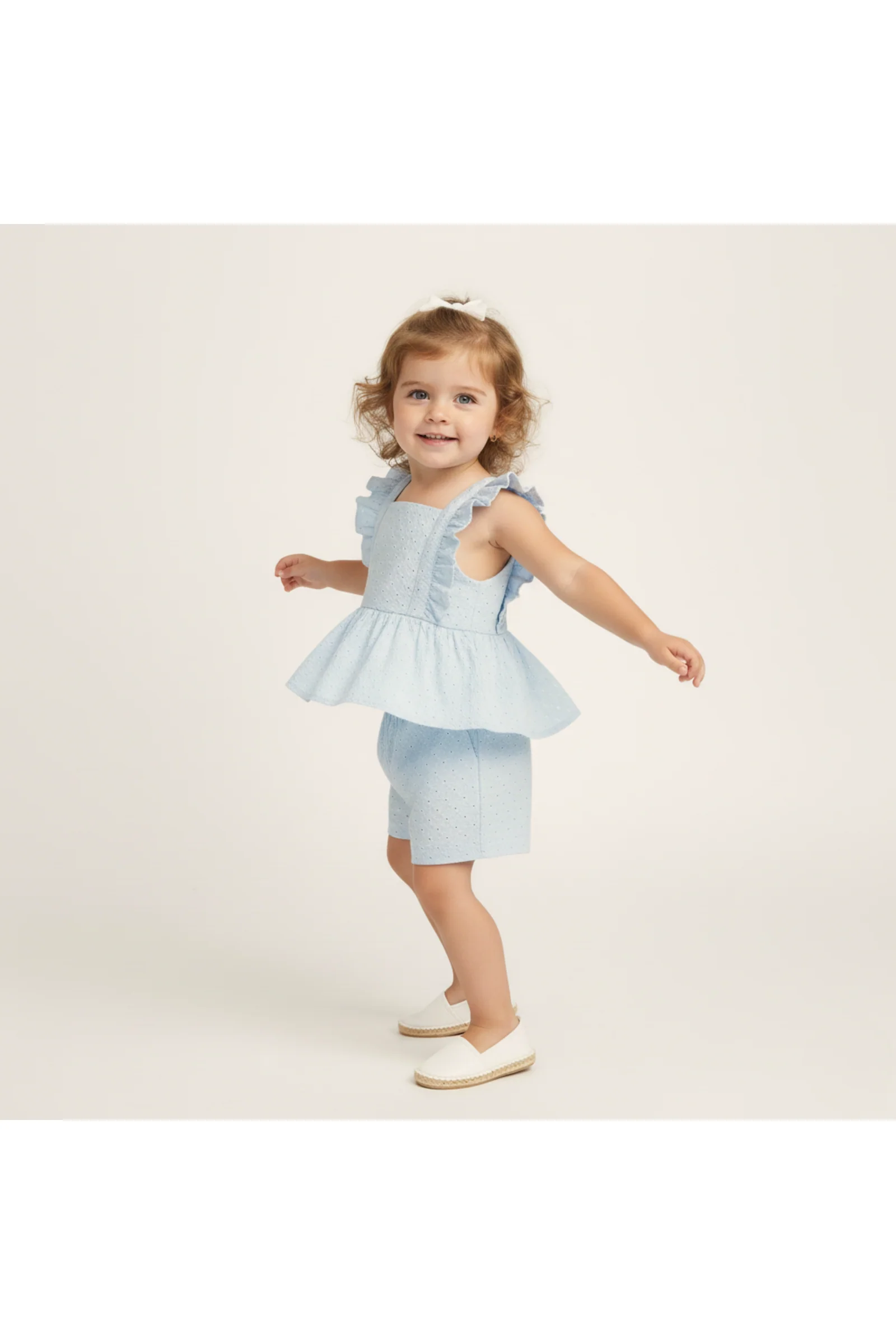 Organic Eyelet Flutter Top And Shorts Set - Light Blue Eyelet - Image 3