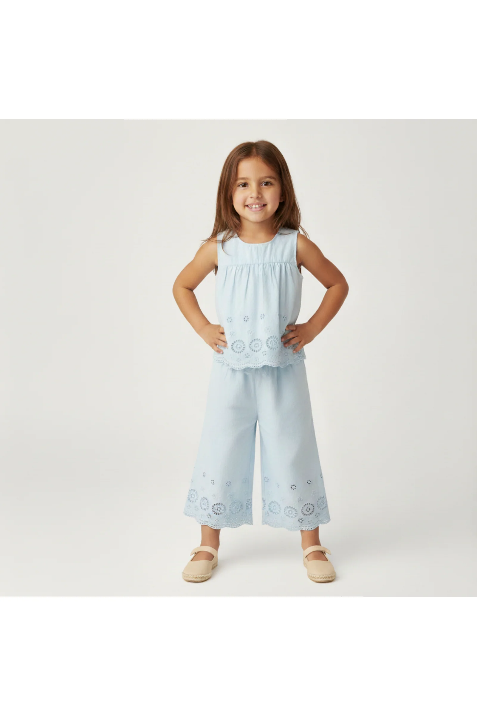 Organic Eyelet Top And Pant Set - Light Blue Eyelet
