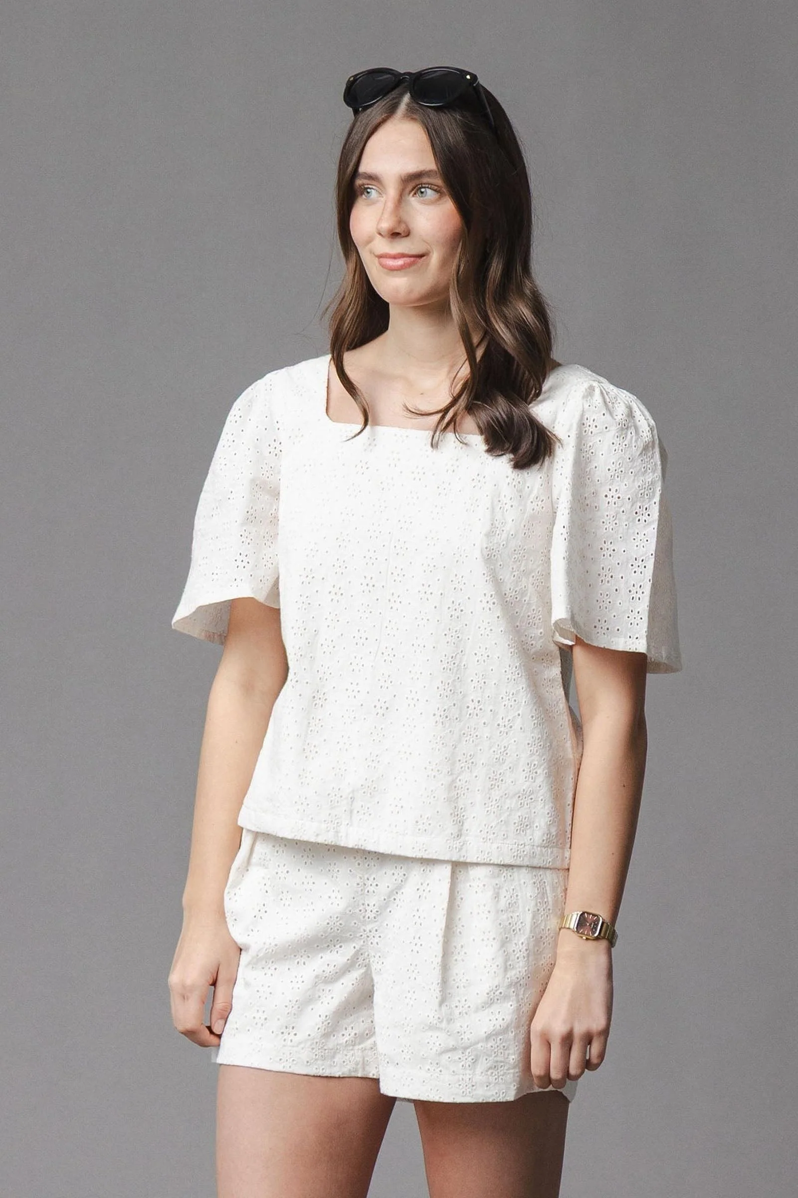 Organic Cotton Flounce Sleeve Eyelet Top, Natural, Women, Family Matching Outfits - Image 3