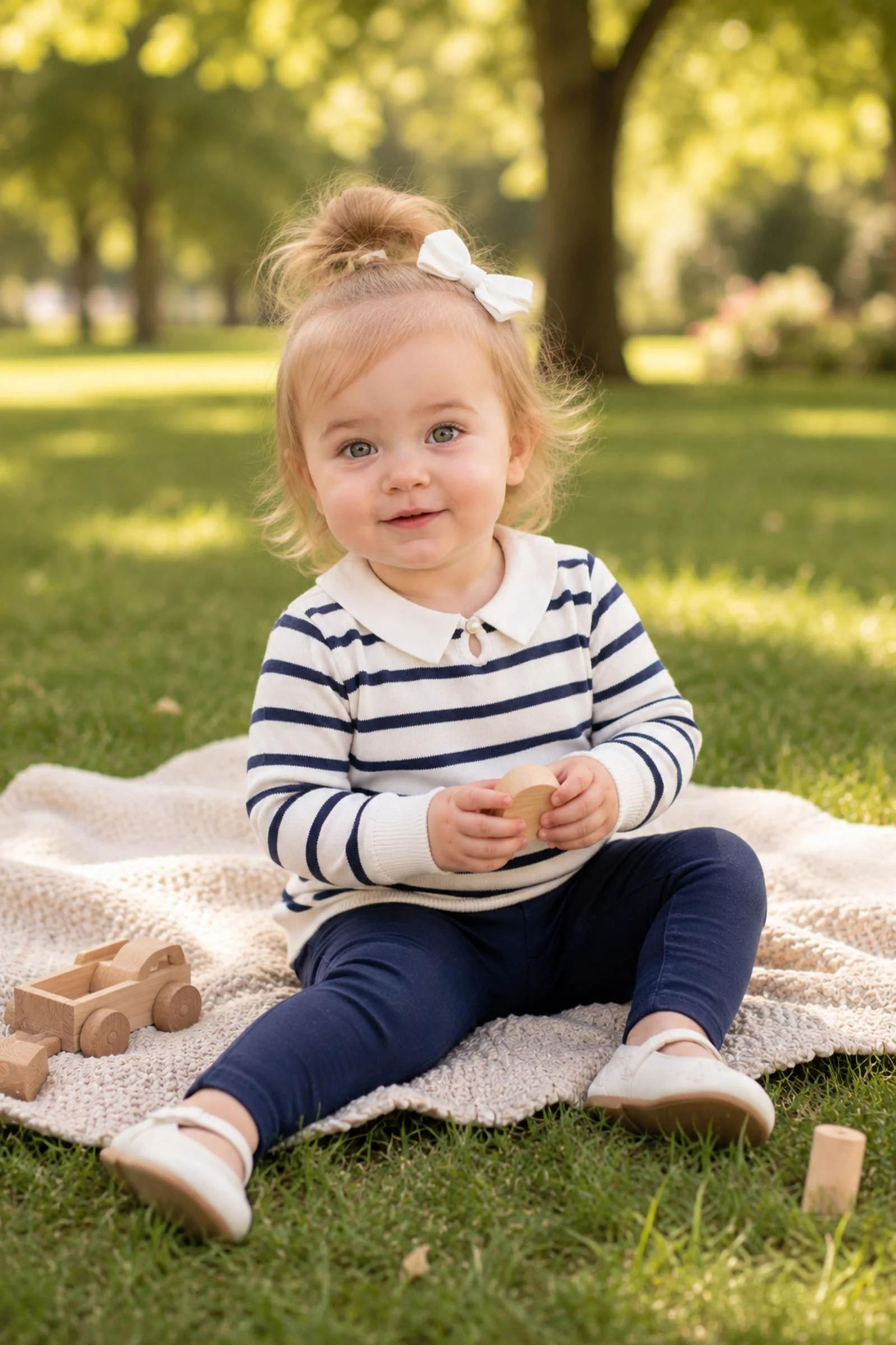 Hope & Henry Organic Cotton French Collared Keyhole Sweater for Baby Girls, Navy Breton Stripe