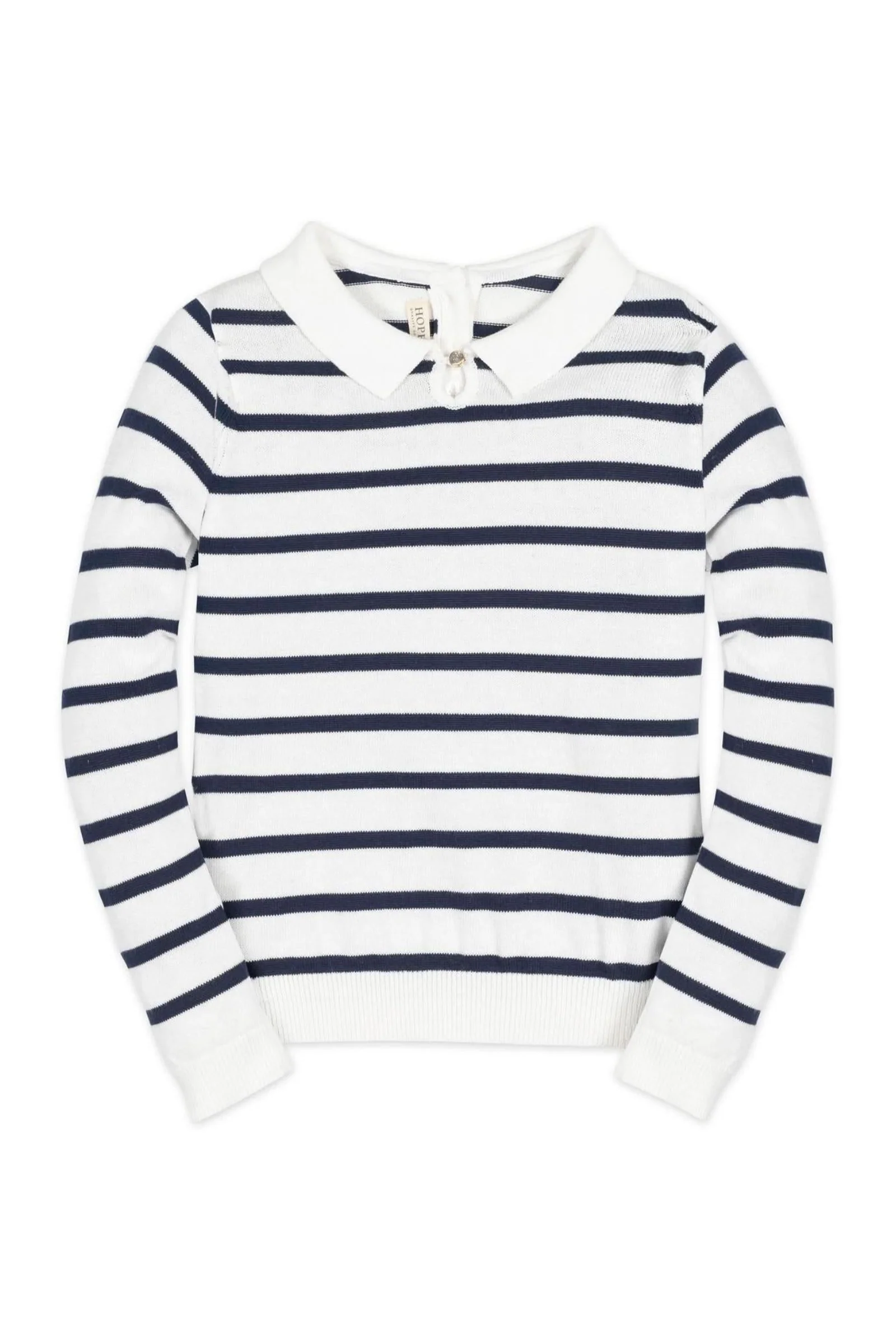 Hope & Henry Organic Cotton French Collared Keyhole Sweater for Baby Girls, Navy Breton Stripe - Image 2