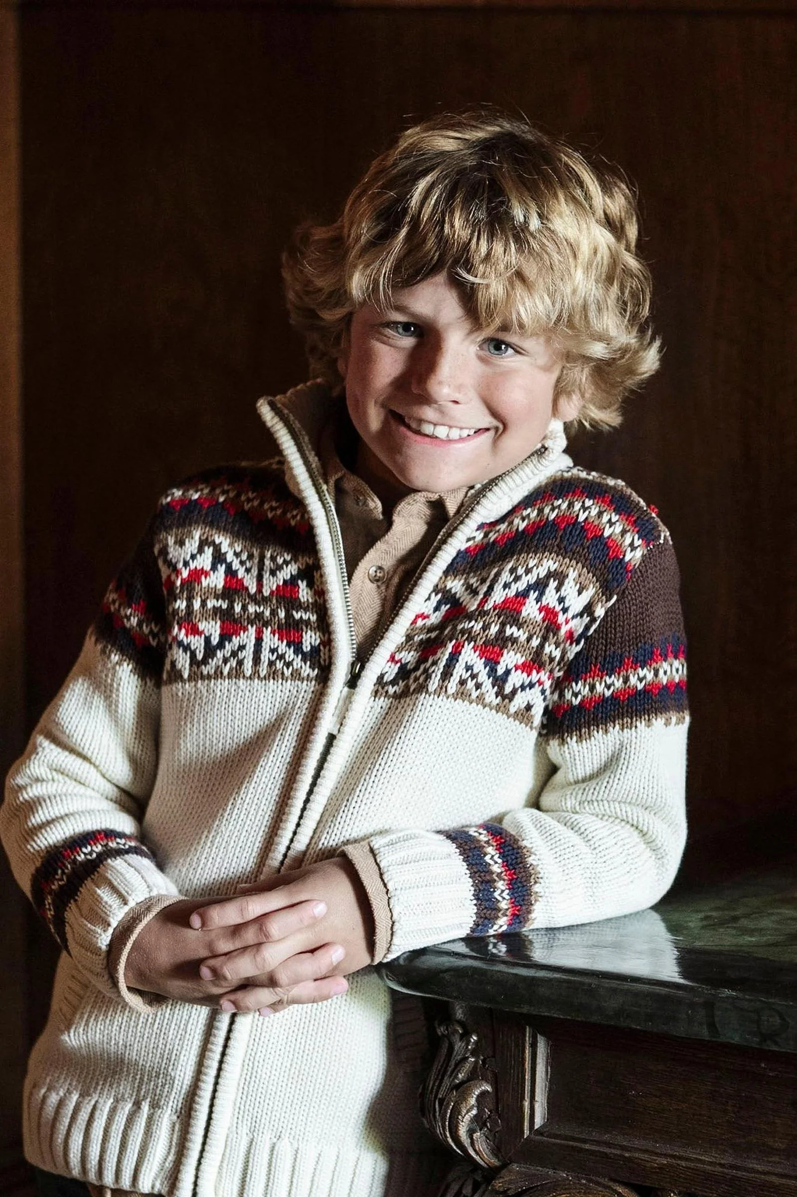 Hope & Henry Organic Cotton Full Zip Mock Neck Sweater for Boys, Ivory, Sizes 2-20