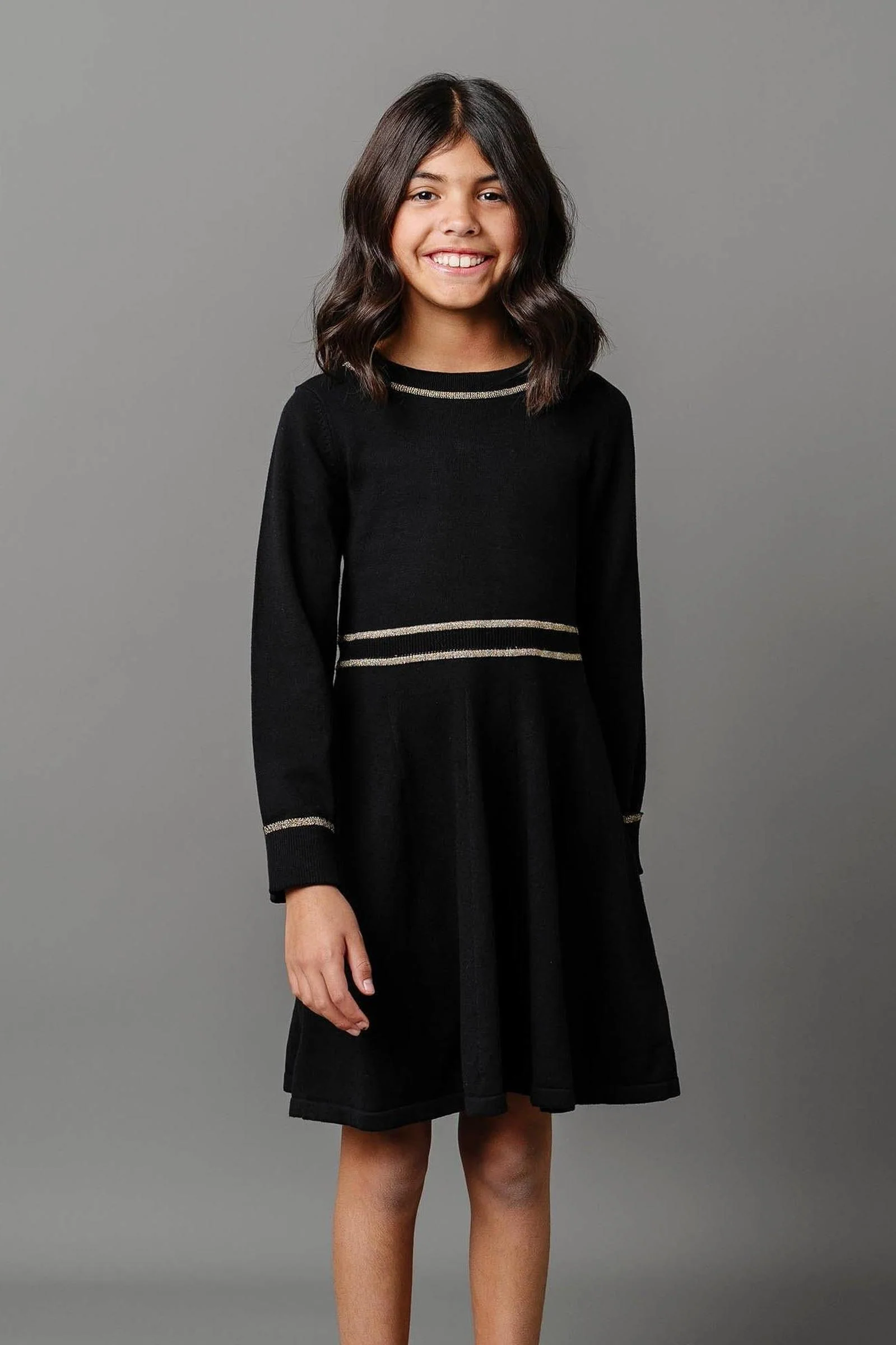 Hope & Henry Organic Cotton Gold Tipped Sweater Dress for Girls, Black, Toddler & Kids - Image 3