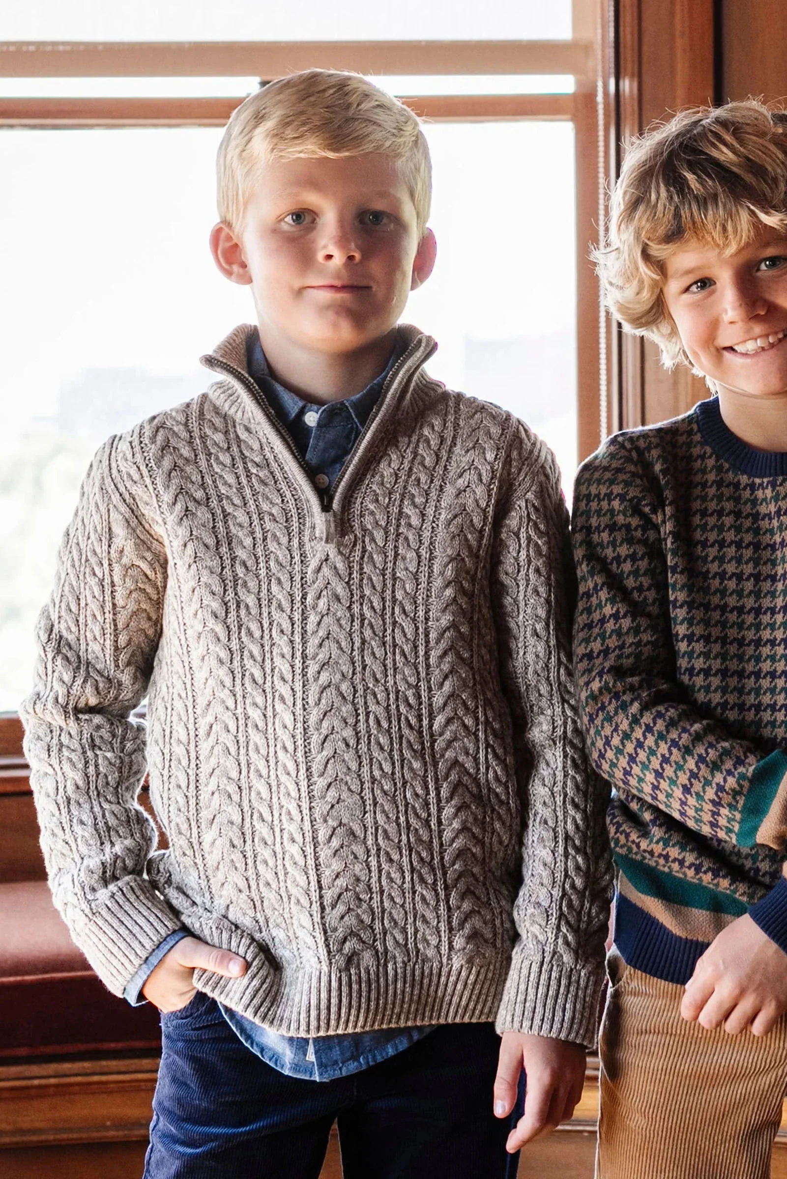 Hope & Henry Organic Cotton Half Zip Cable Knit Sweater for Boys, Taupe Marl, Sizes 2–16