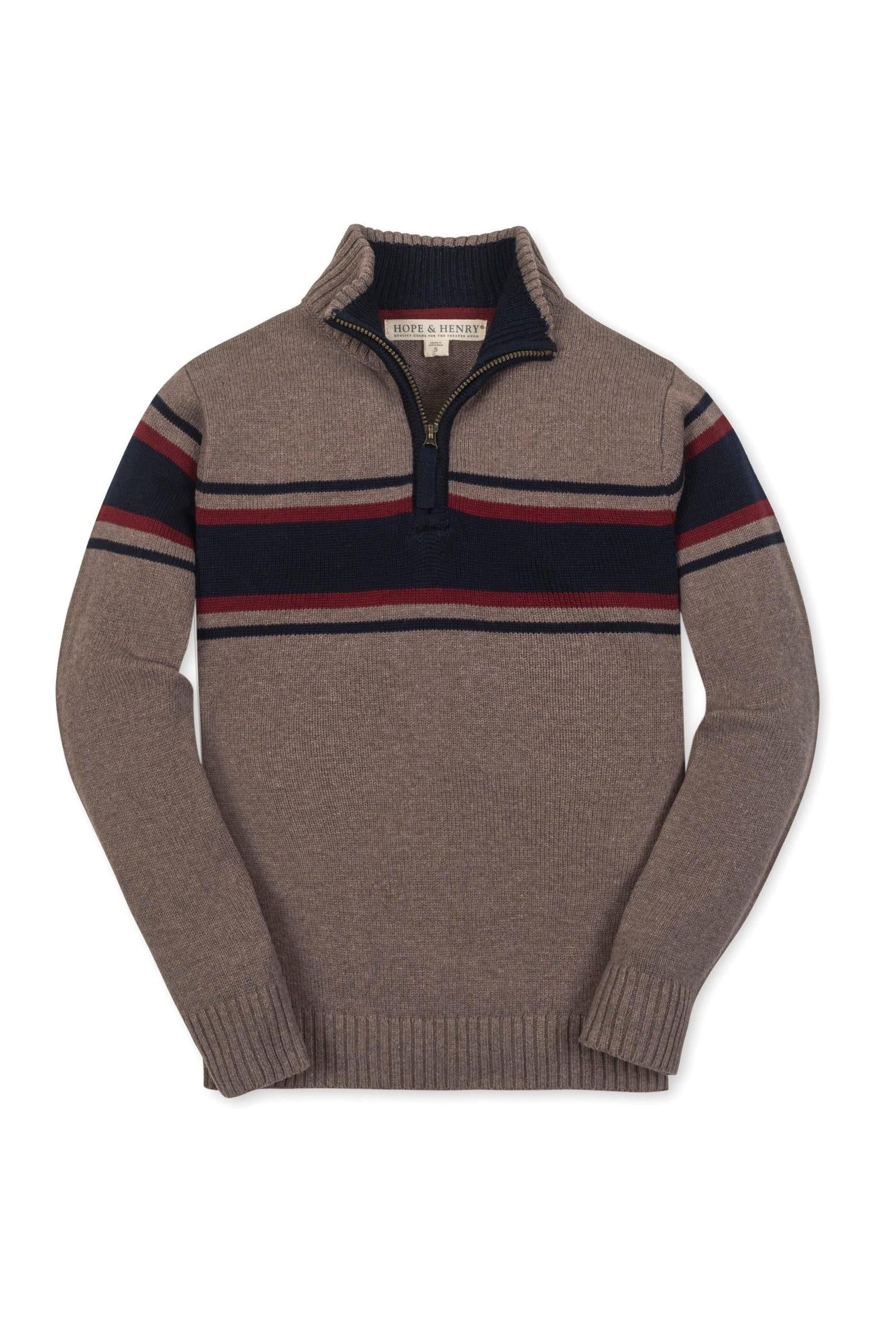 Hope & Henry Organic Cotton Half Zip Sweater For Boys, Taupe Heather Chest Stripe, Kids (5-20) - Image 2