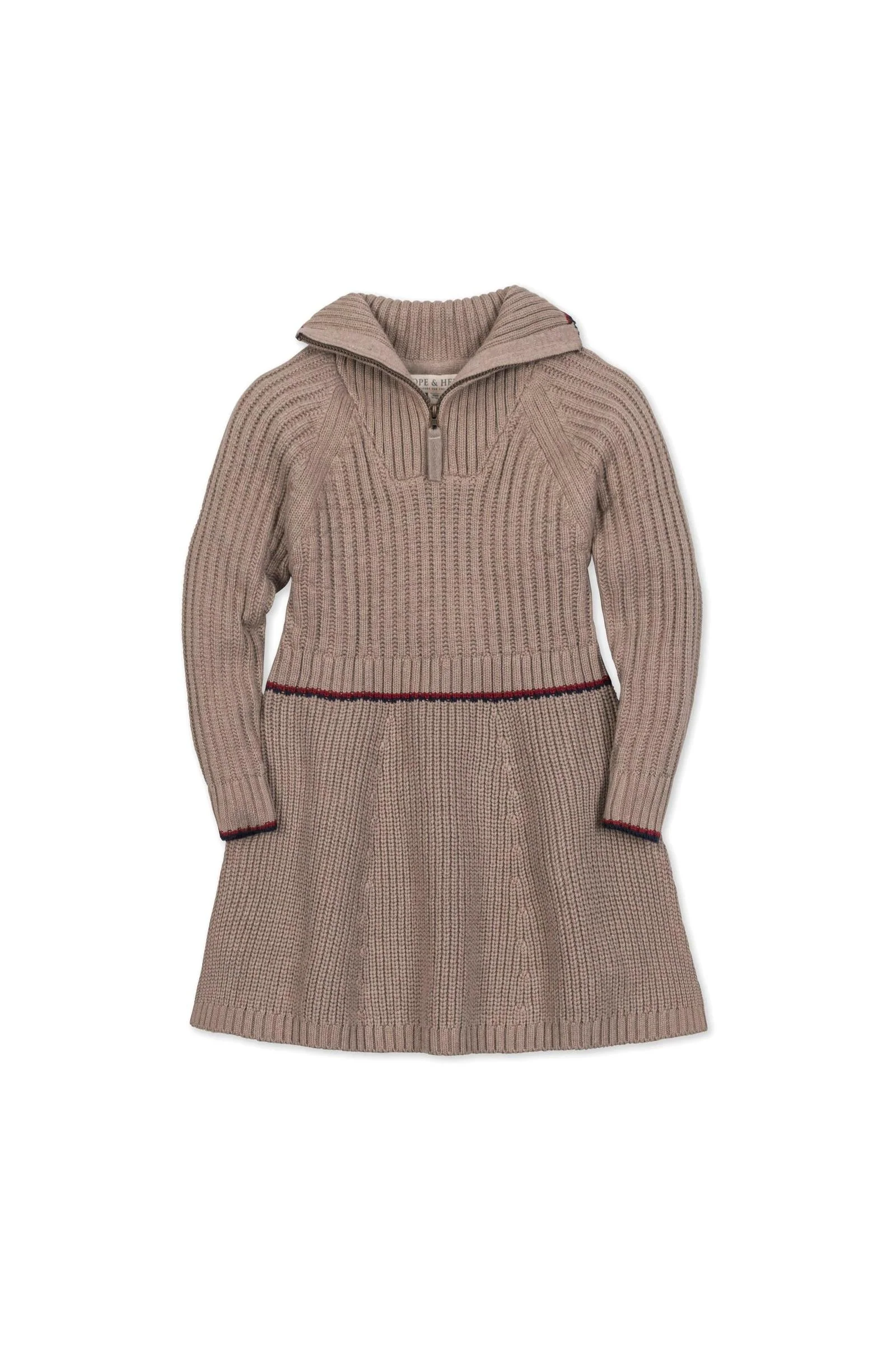 Hope & Henry Organic Cotton Half Zip Sweater Dress for Girls, Taupe Heather Rib Knit with Contrast Stripe, Toddler & Kids - Image 2