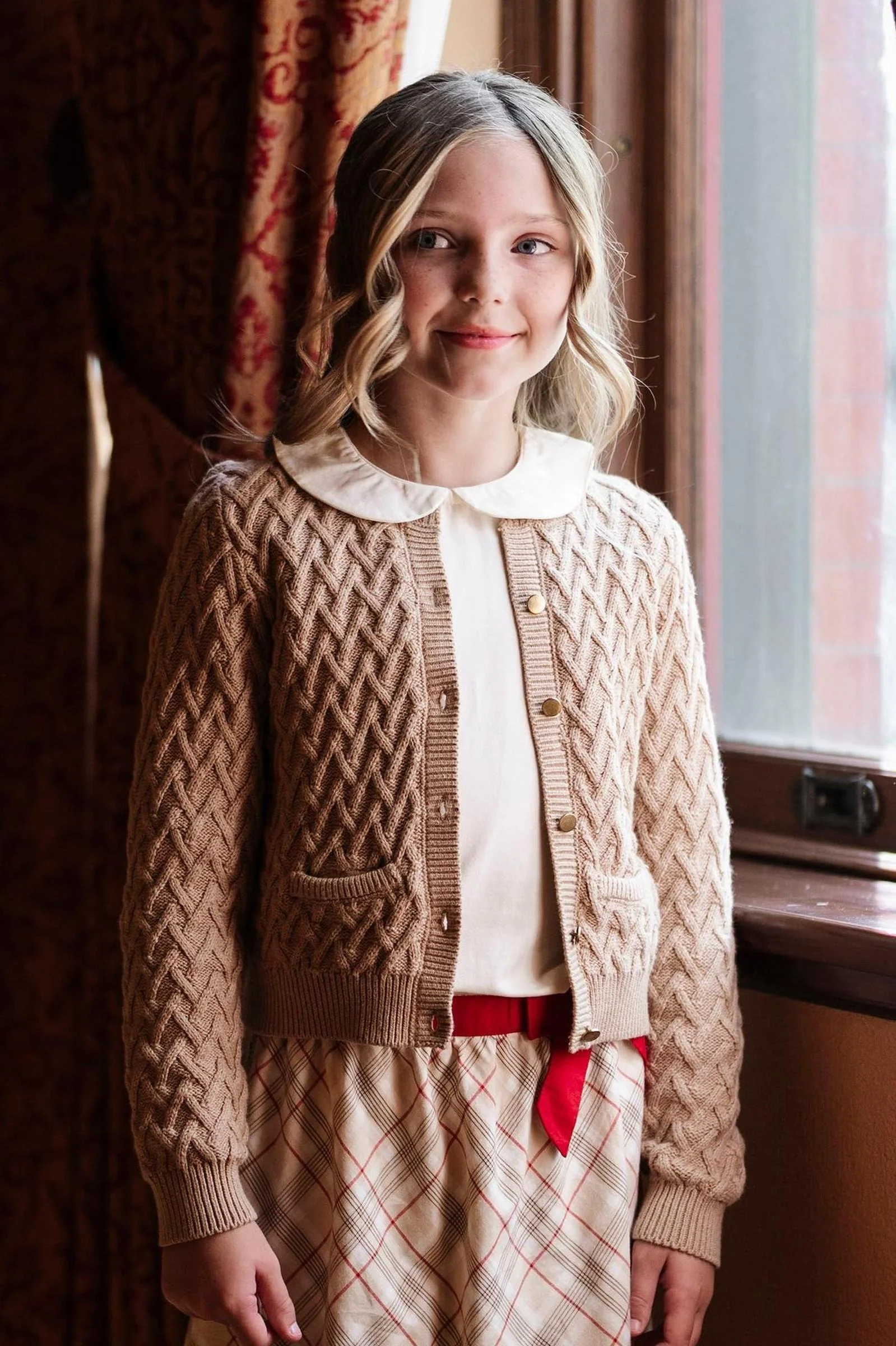 Hope & Henry Organic Cotton Herringbone Cardigan for Girls, Camel, Toddler & Kids