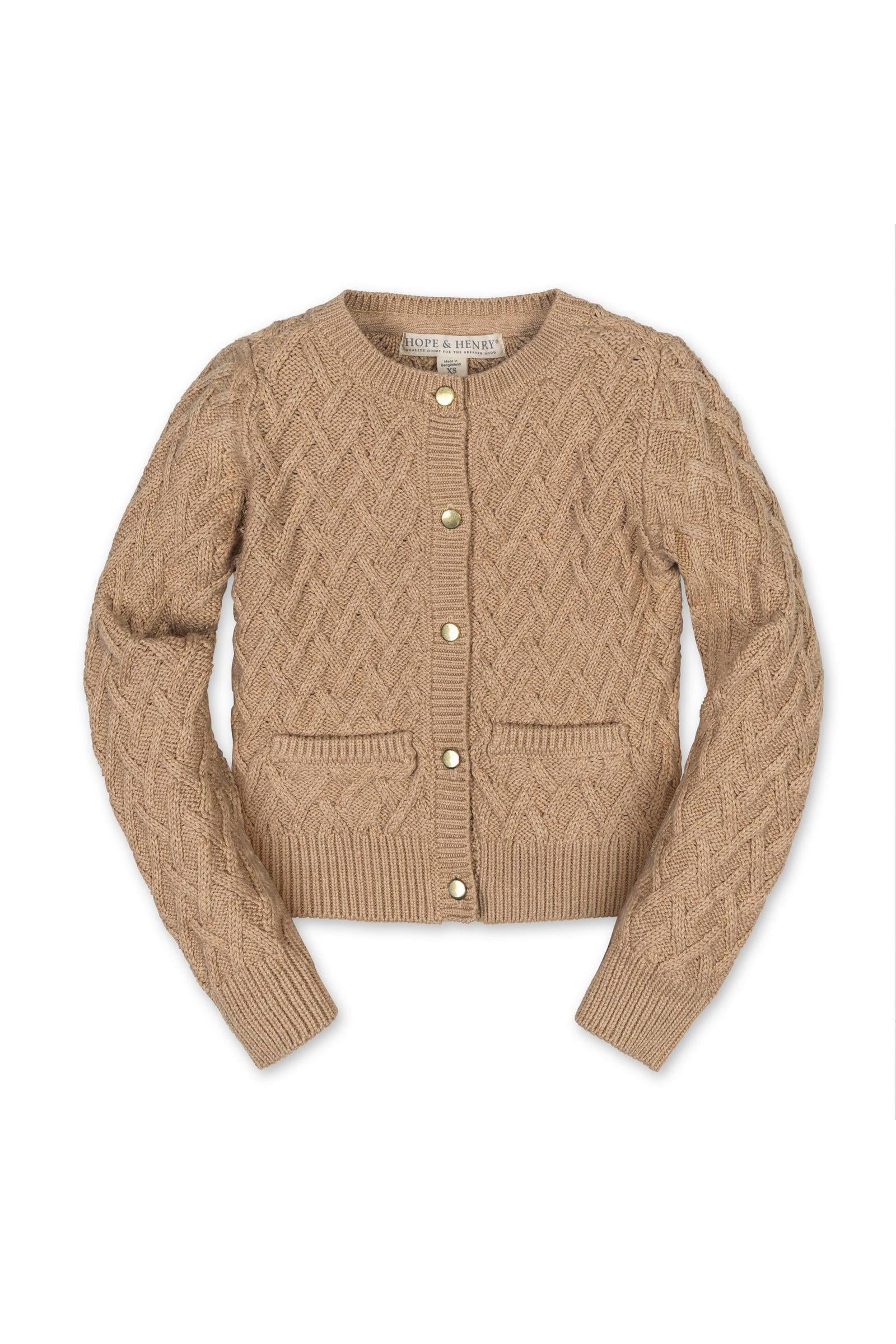 Hope & Henry Organic Cotton Herringbone Cardigan for Girls, Camel, Toddler & Kids - Image 2
