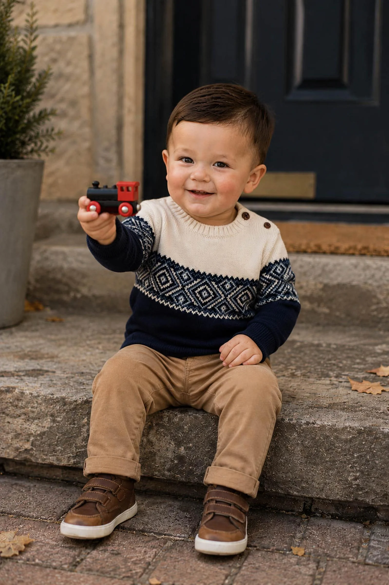 Hope & Henry Organic Cotton Crew Neck Sweater for Boys, Cream and Navy Fair Isle Pattern with Shoulder Buttons, Baby