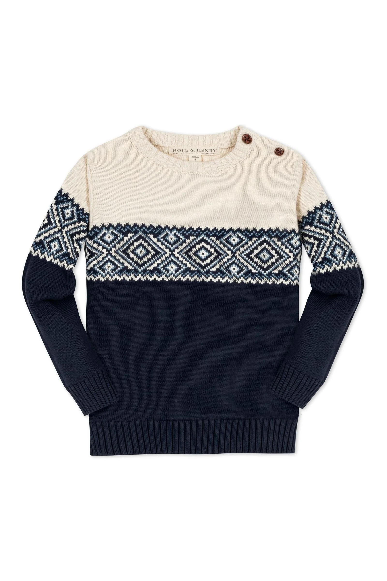 Hope & Henry Organic Cotton Crew Neck Sweater for Boys, Cream and Navy Fair Isle Pattern with Shoulder Buttons, Baby - Image 2