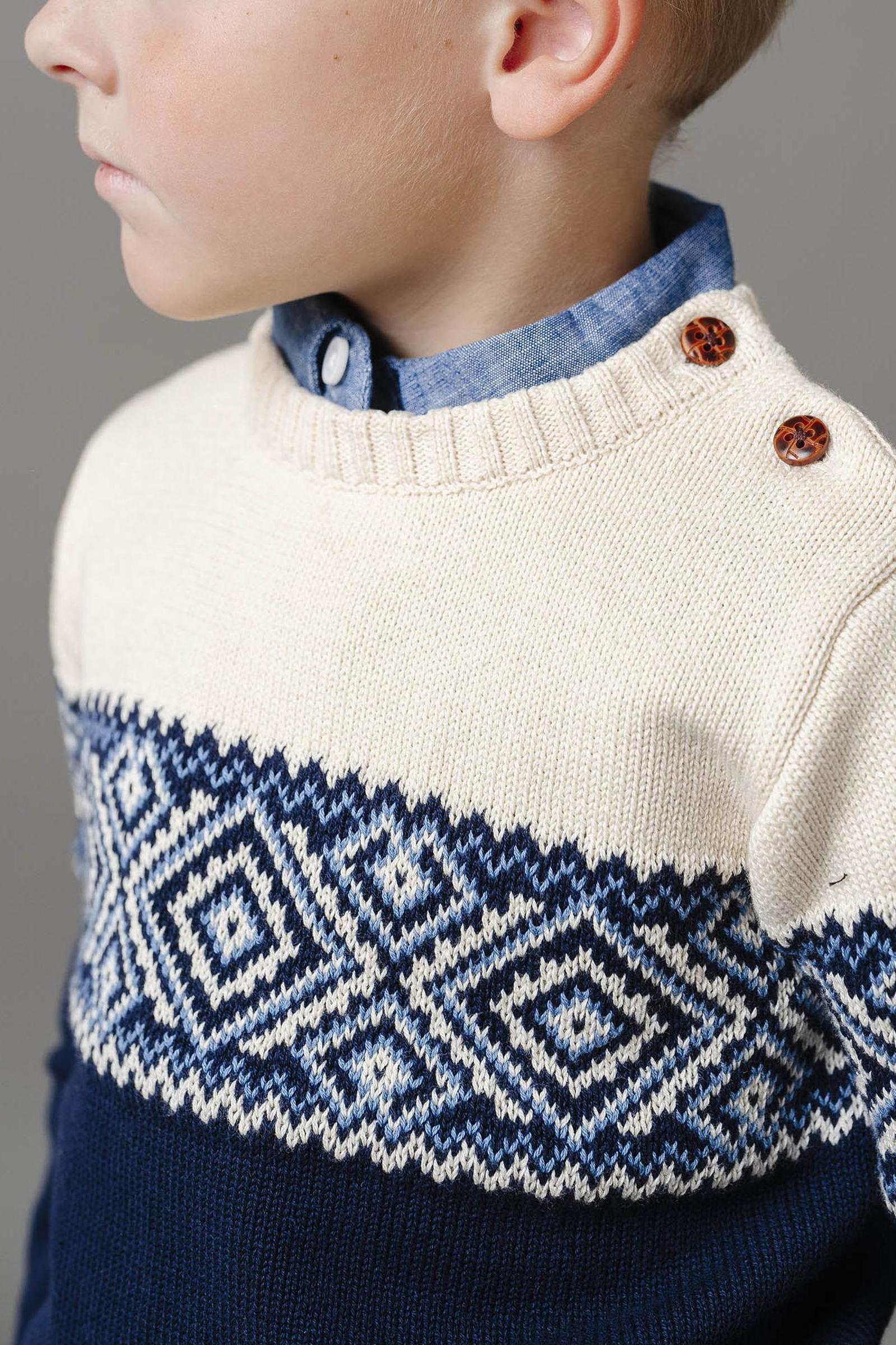 Hope & Henry Organic Cotton Crew Neck Sweater for Boys, Cream and Navy Fair Isle Pattern with Shoulder Buttons, Baby - Image 3