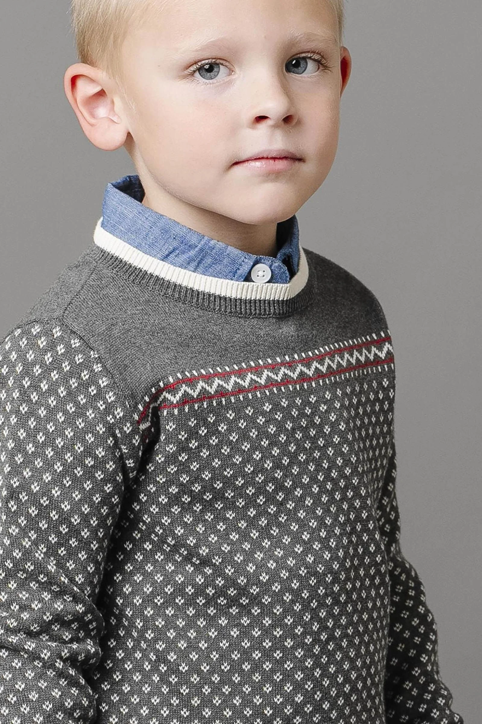 Hope & Henry Organic Cotton Crew Neck Sweater for Boys, Charcoal Heather with Ivory Birdseye Pattern, Toddler & Kids