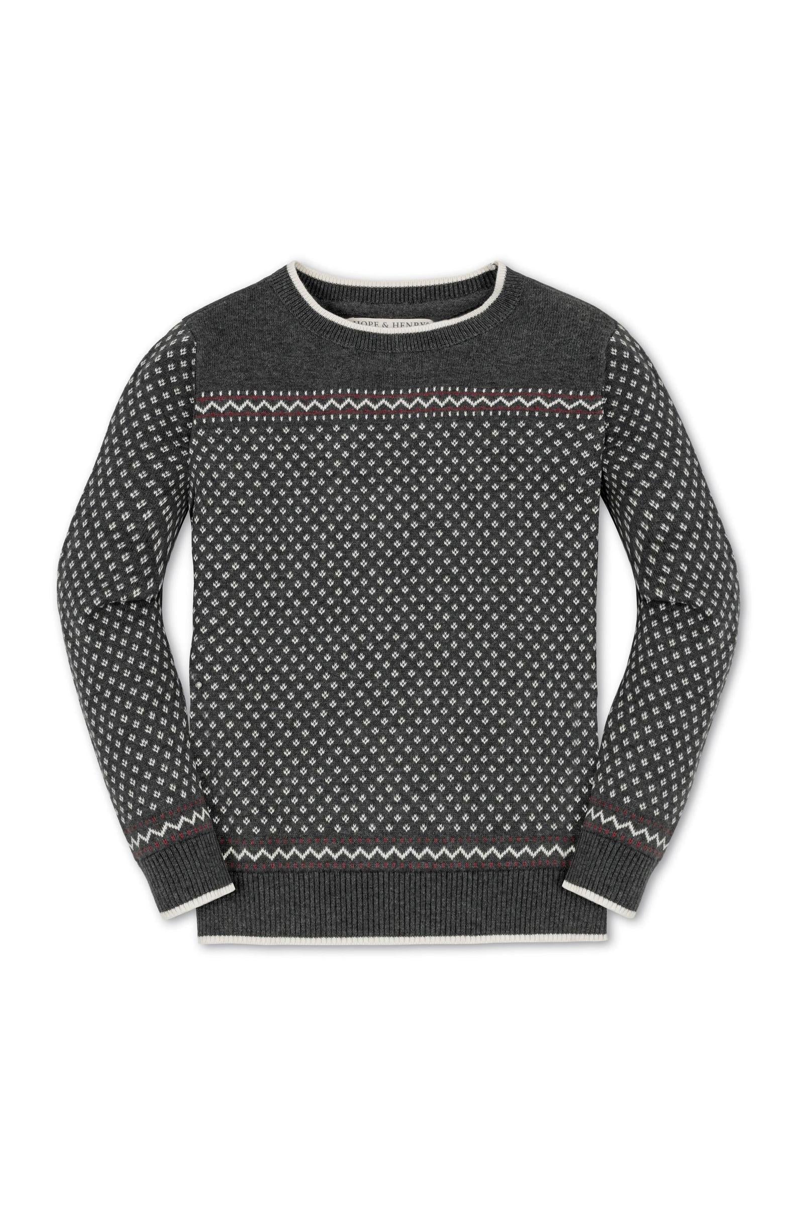 Hope & Henry Organic Cotton Crew Neck Sweater for Boys, Charcoal Heather with Ivory Birdseye Pattern, Toddler & Kids - Image 2