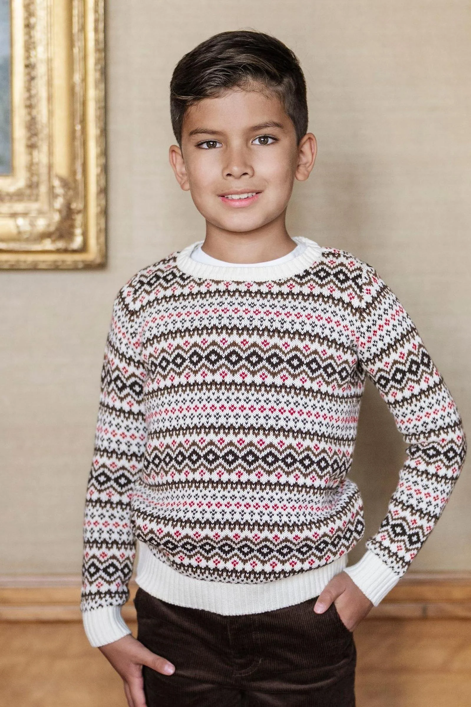 Hope & Henry Organic Cotton Intarsia Crew Neck Sweater, Ivory Fireside Fair Isle, Sizes 2-20