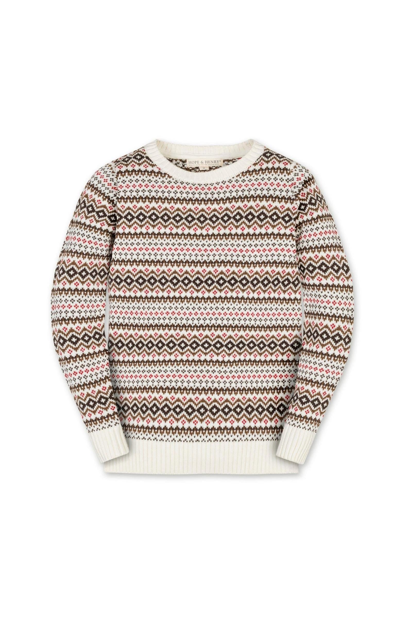 Hope & Henry Organic Cotton Intarsia Crew Neck Sweater, Ivory Fireside Fair Isle, Sizes 2-20 - Image 2