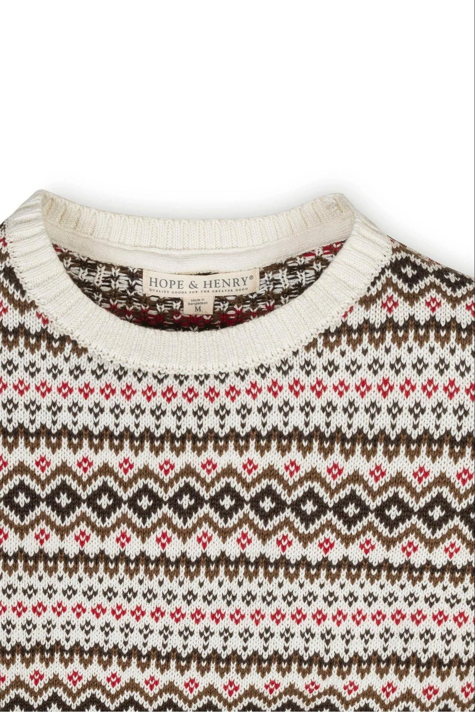 Hope & Henry Organic Cotton Intarsia Crew Neck Sweater, Ivory Fireside Fair Isle, Sizes 2-20 - Image 3