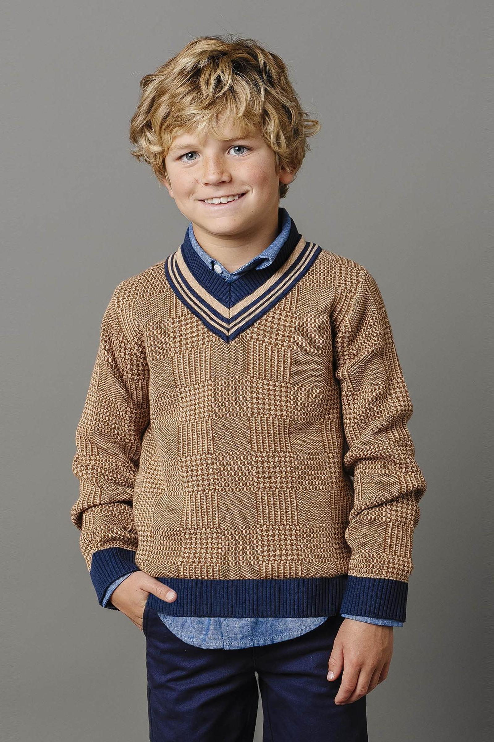 Hope & Henry Organic Cotton Intarsia Cricket Sweater for Boys, Brown Glen Plaid Intarsia, Toddler & Kids
