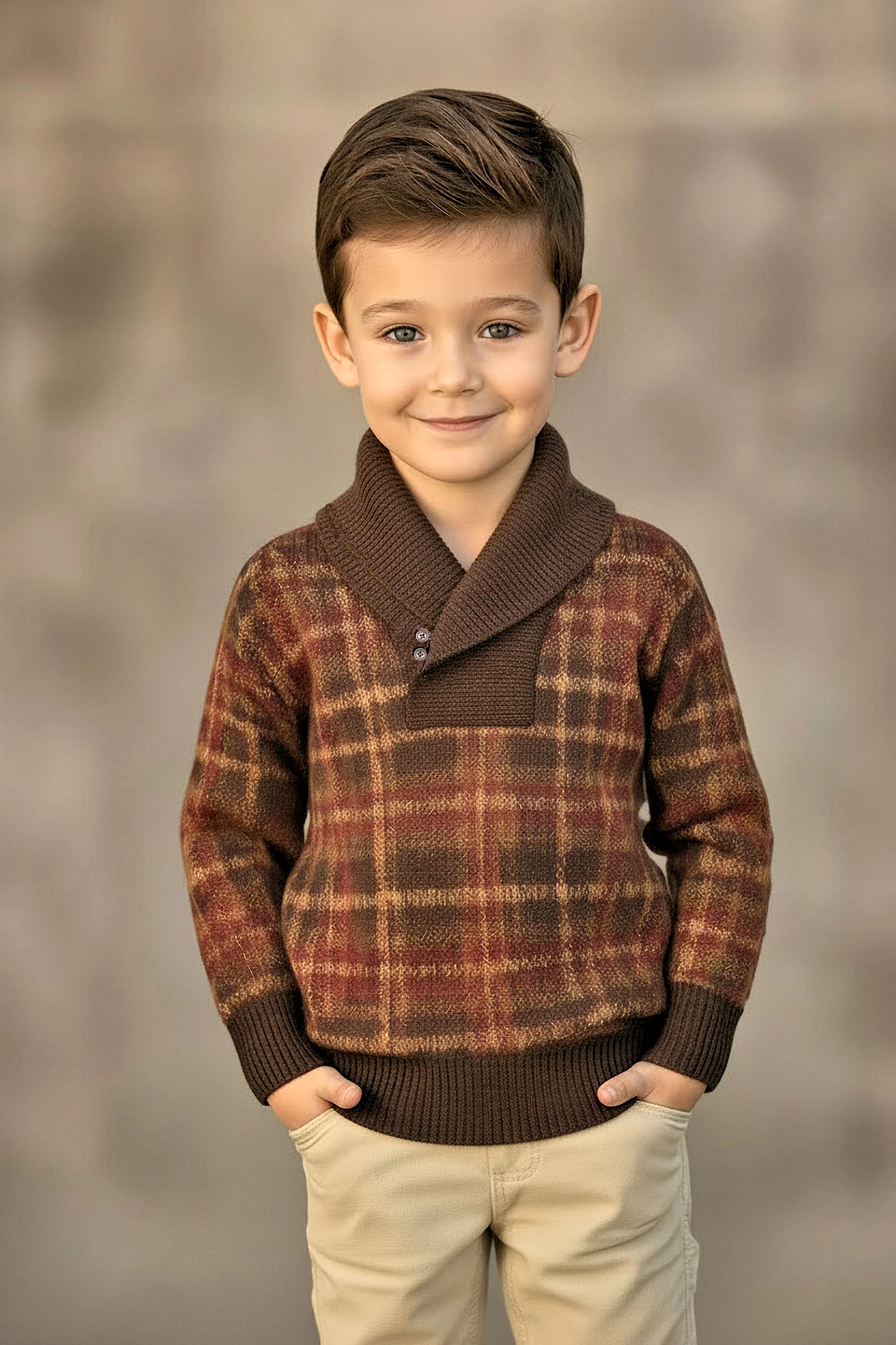 Hope & Henry Organic Cotton Intarsia Shawl Collar Sweater with Elbow Patches For Boys, Brown Plaid, Toddler & Kids