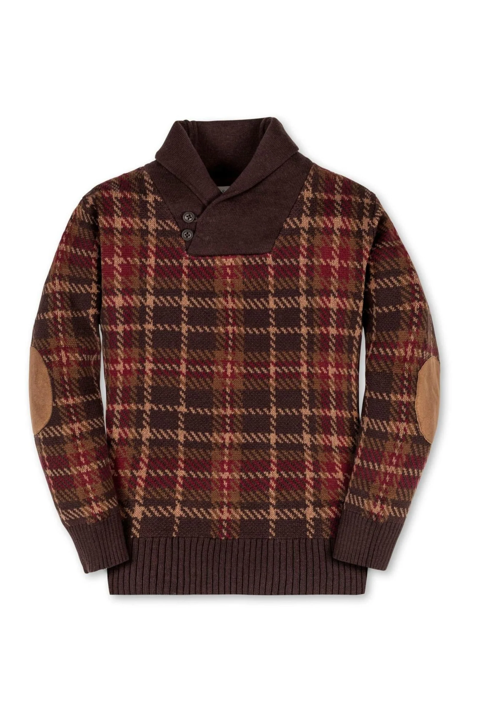 Hope & Henry Organic Cotton Intarsia Shawl Collar Sweater with Elbow Patches For Boys, Brown Plaid, Toddler & Kids - Image 2