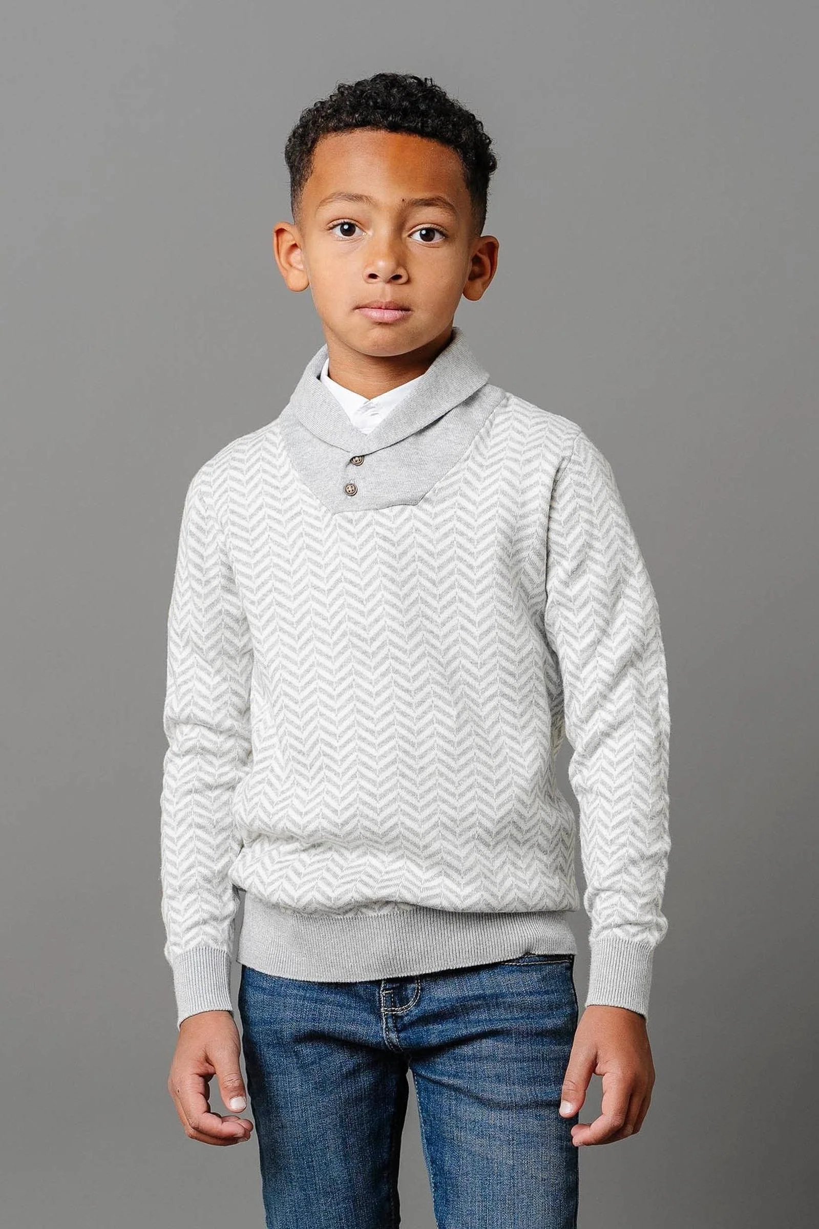 Hope & Henry Organic Cotton Intarsia Shawl Collar Sweater for Boys, Light Gray, Sizes 2T-12