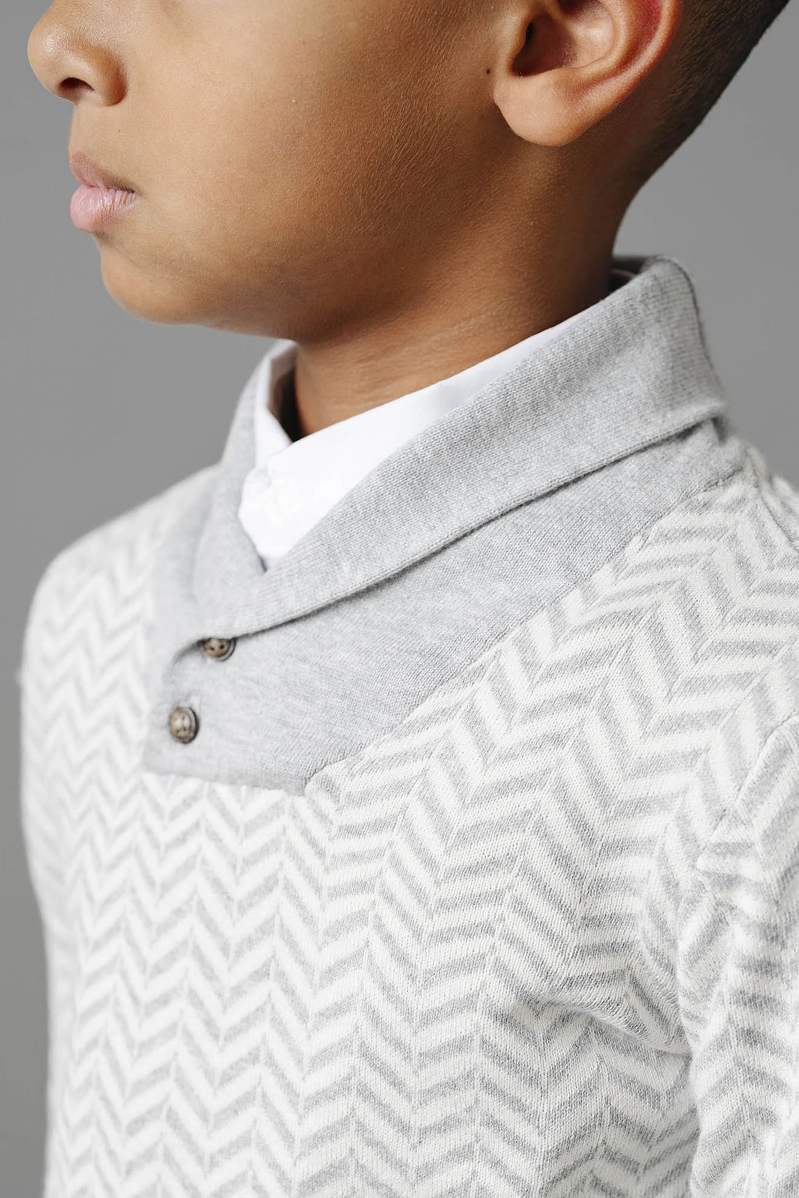 Hope & Henry Organic Cotton Shawl Collar Sweater for Boy, Grey Herringbone Knit, Baby