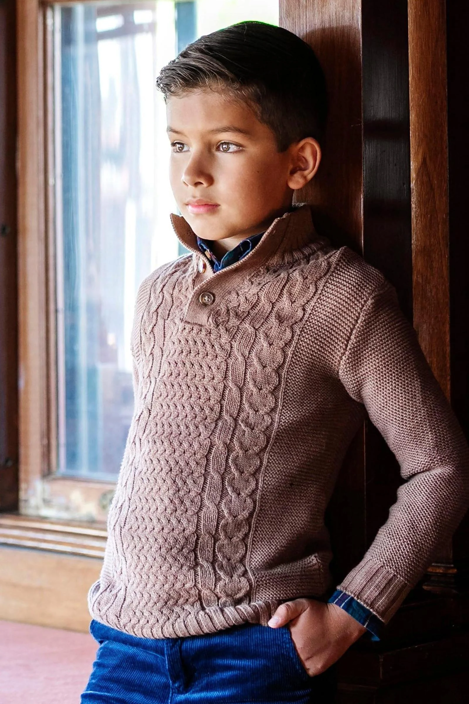 Organic Cotton Mock Neck Cable Sweater, Cinnamon Heather, Sizes 2T-18, Family Matching Outfits