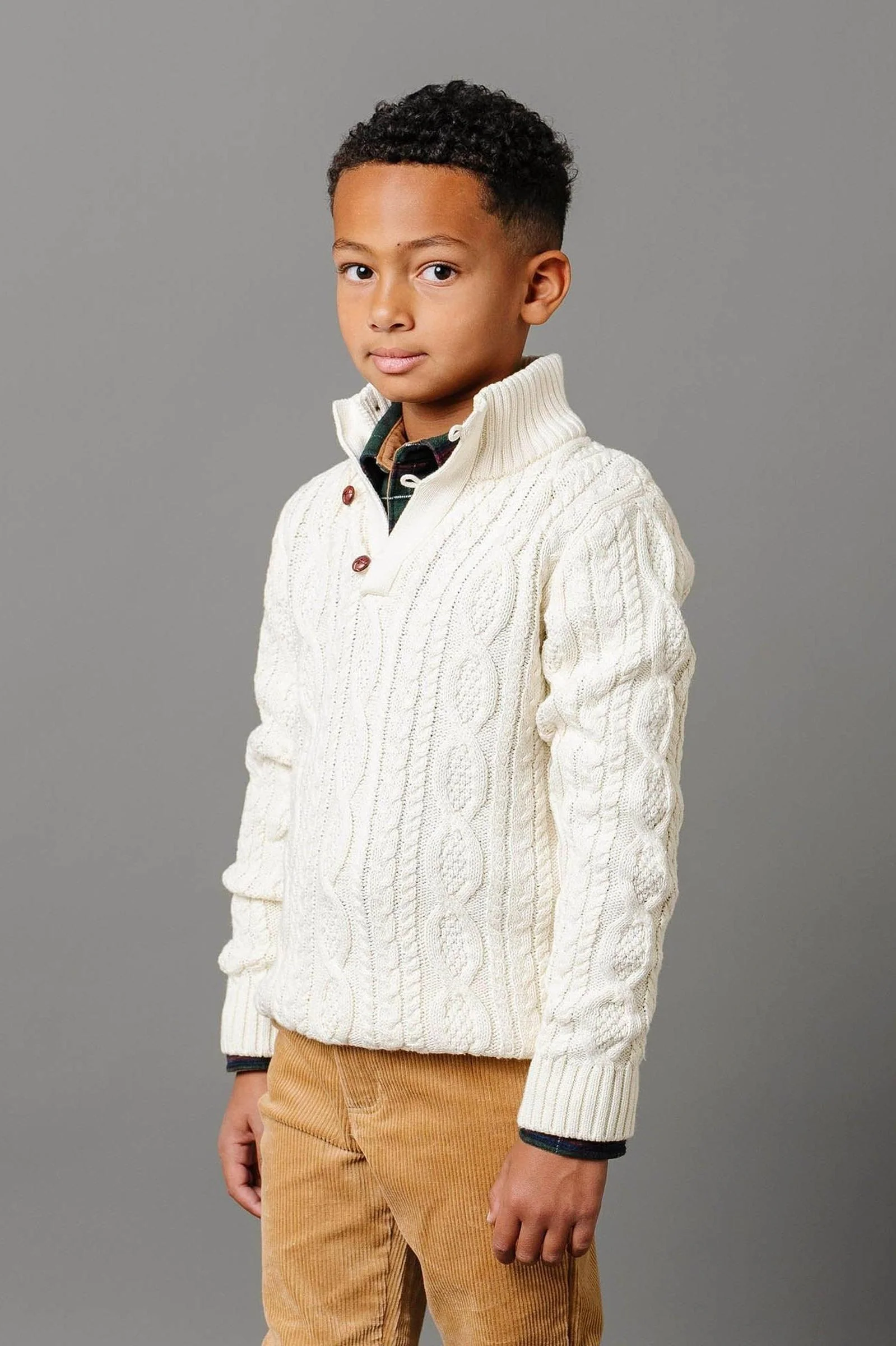 Hope & Henry Organic Cotton Cable Knit Mock Neck Sweater with Buttons For Boys, White, Toddler & Kids