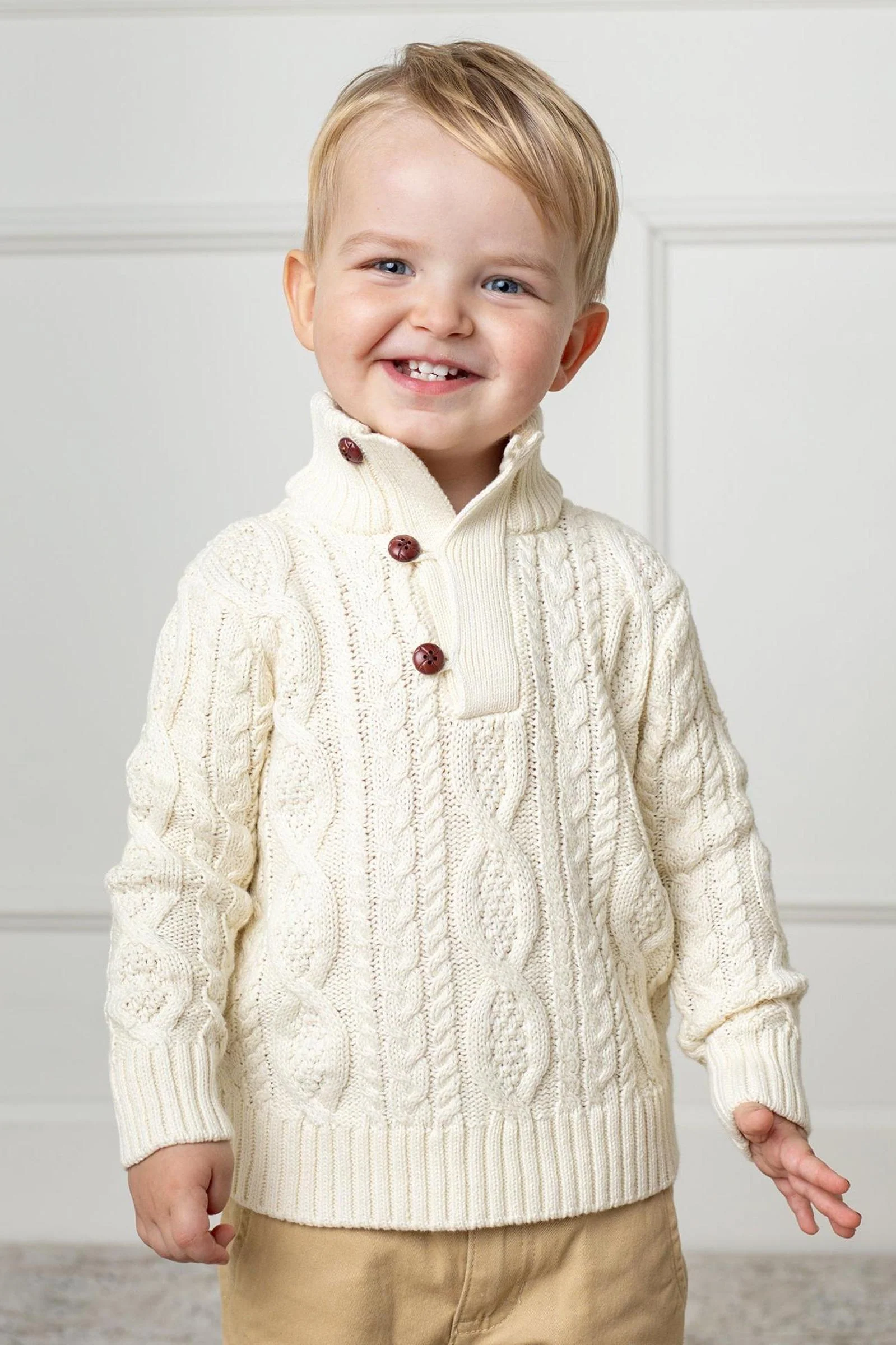 Hope & Henry Organic Cotton Cable Knit Mock Neck Sweater with Buttons For Boys, White, Toddler & Kids - Image 5
