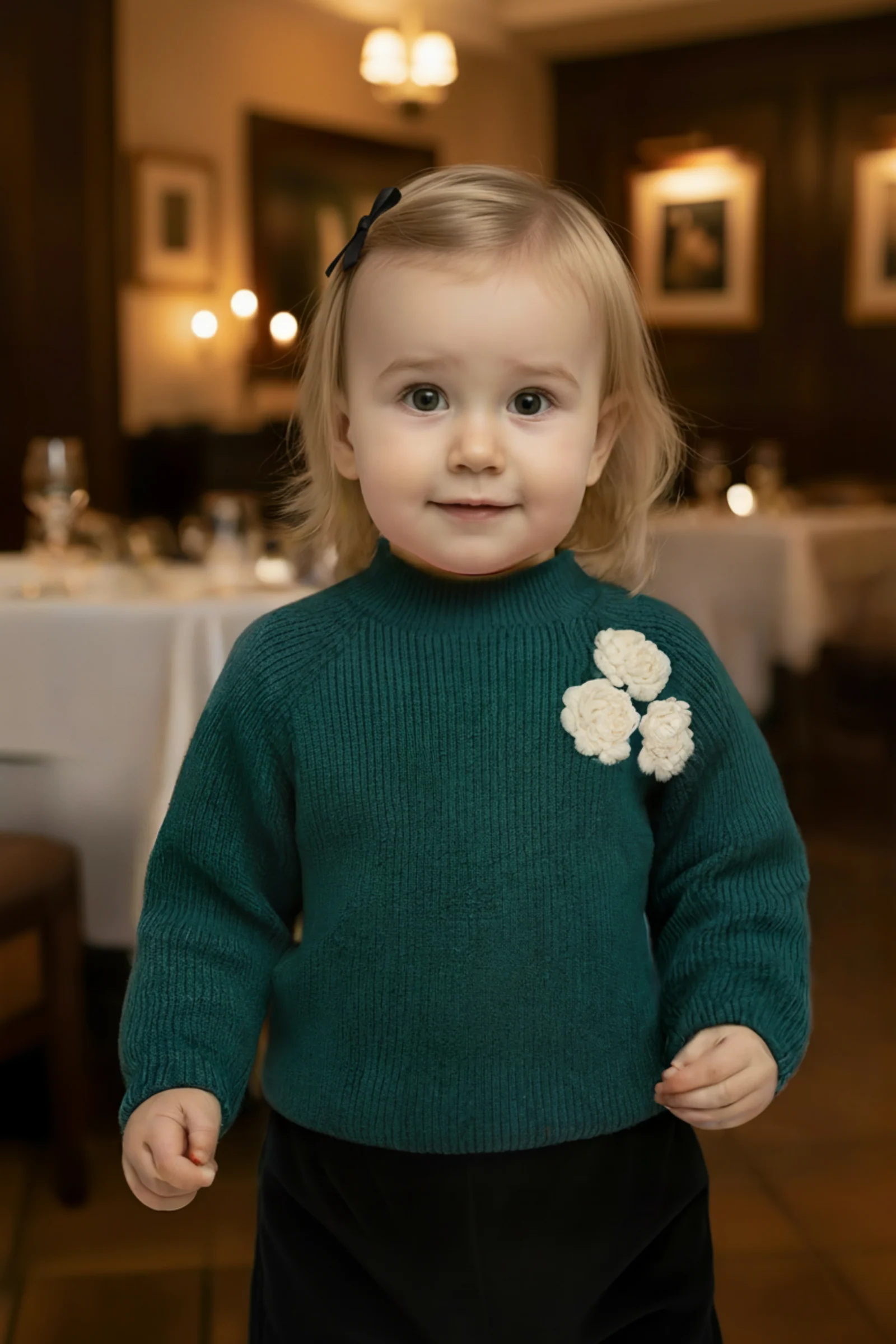 Hope & Henry Organic Cotton Mock Neck Rosette Sweater for Girls, Green, Toddler & Kids - Image 3
