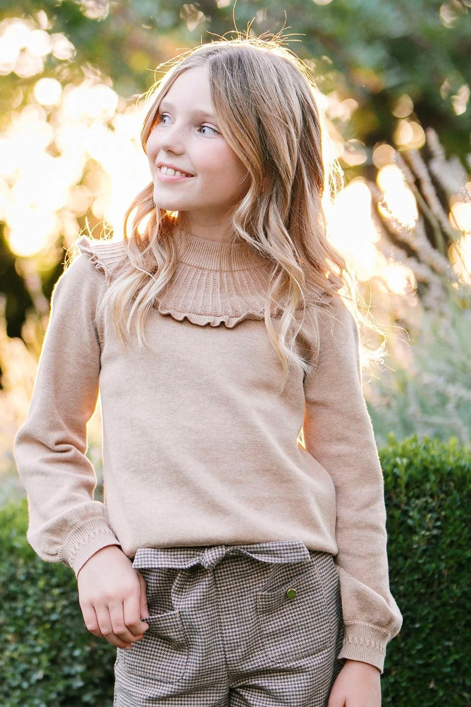 Hope & Henry Organic Cotton Mock Neck Ruffle Sweater for Girls, Camel Heather Rib Knit, Toddler & Kids