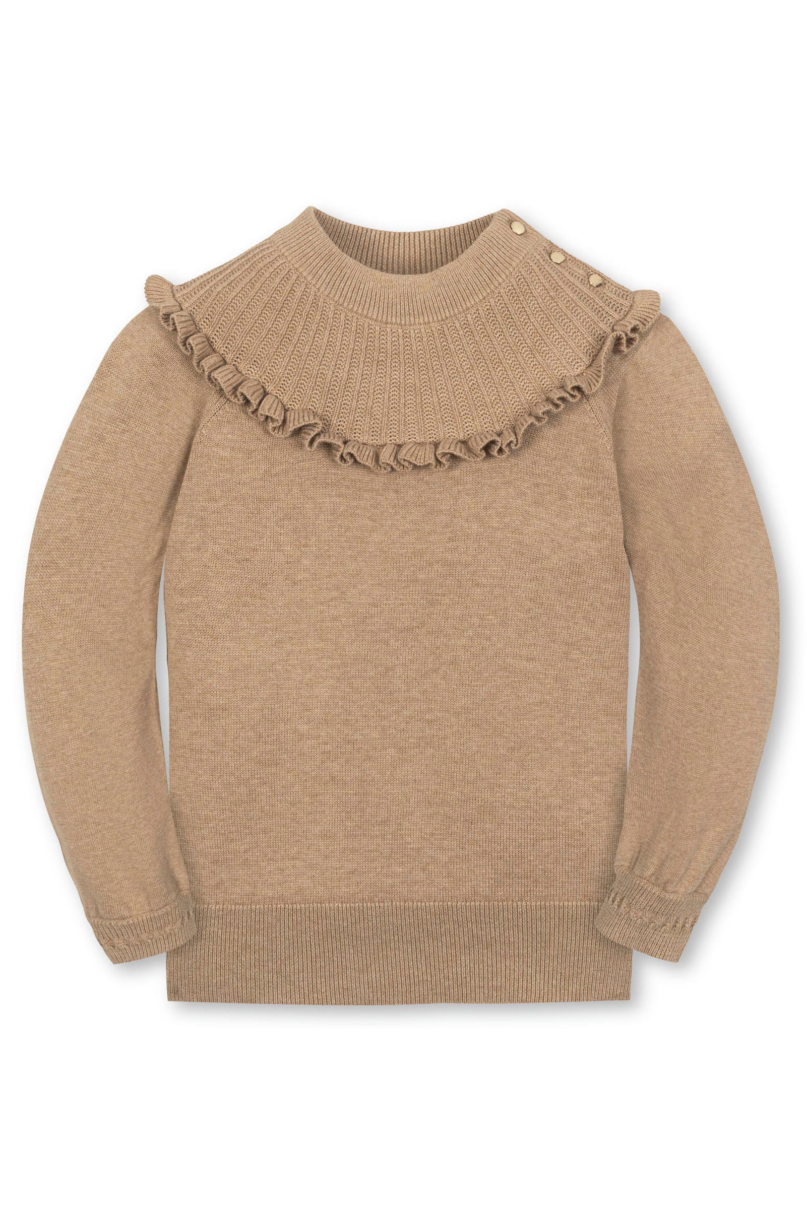 Hope & Henry Organic Cotton Mock Neck Ruffle Sweater for Girls, Camel Heather Rib Knit, Toddler & Kids - Image 2