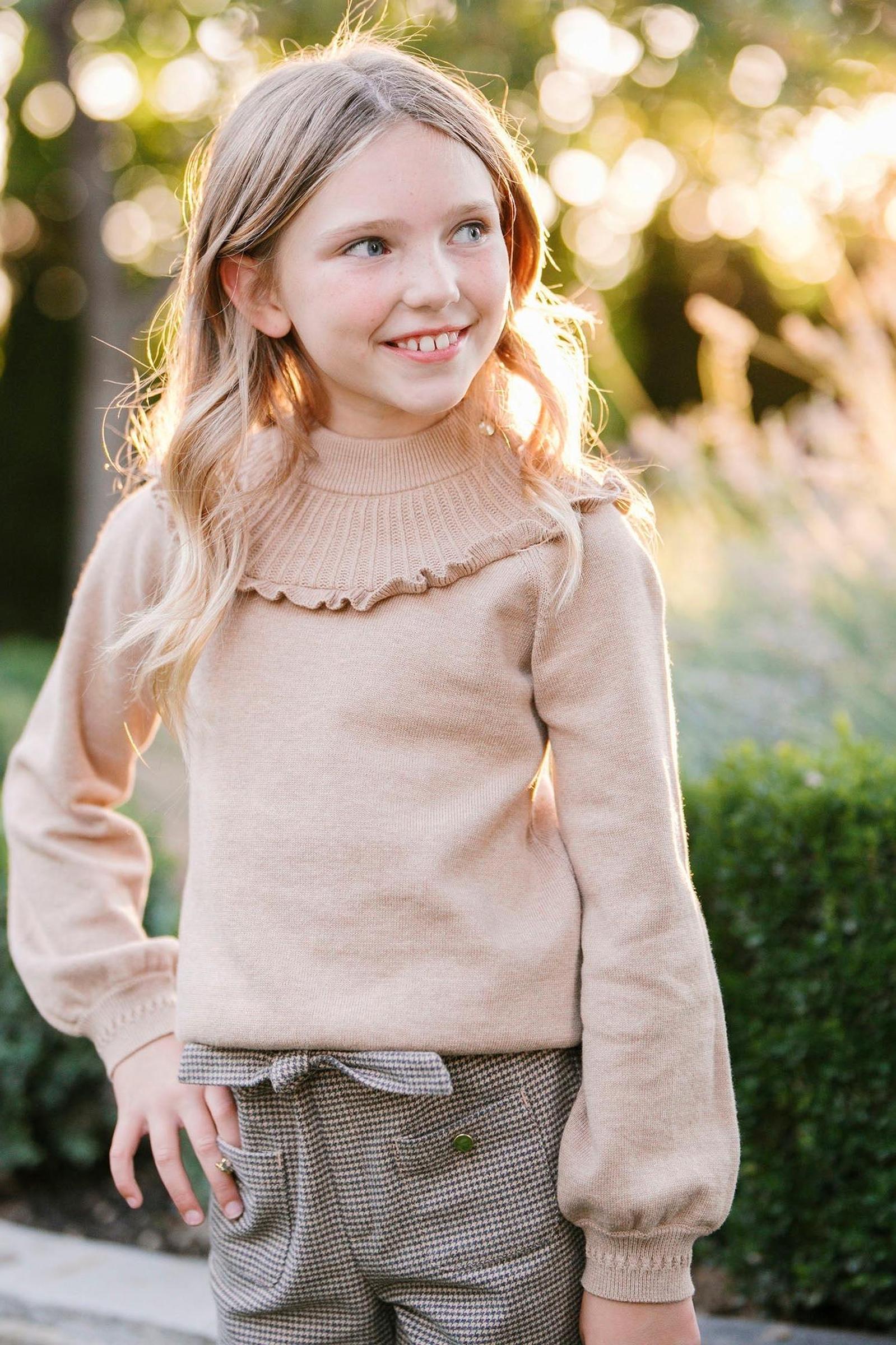 Hope & Henry Organic Cotton Mock Neck Ruffle Sweater for Girls, Camel Heather Rib Knit, Toddler & Kids - Image 5