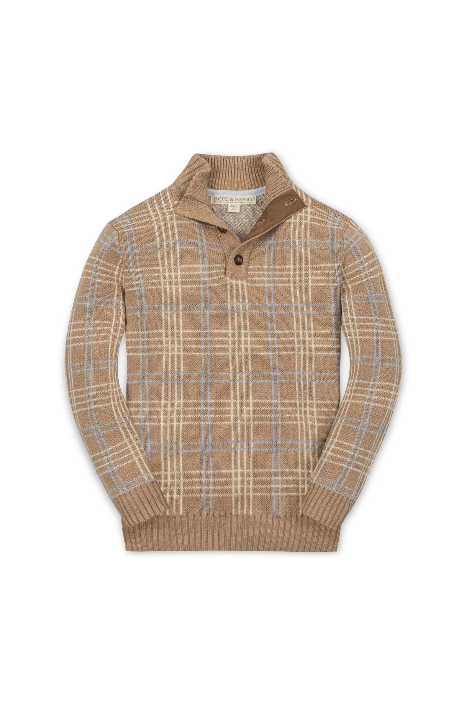 Hope & Henry Organic Cotton Mock Neck Sweater for Boys, Camel Heather Plaid, Sizes 5-18