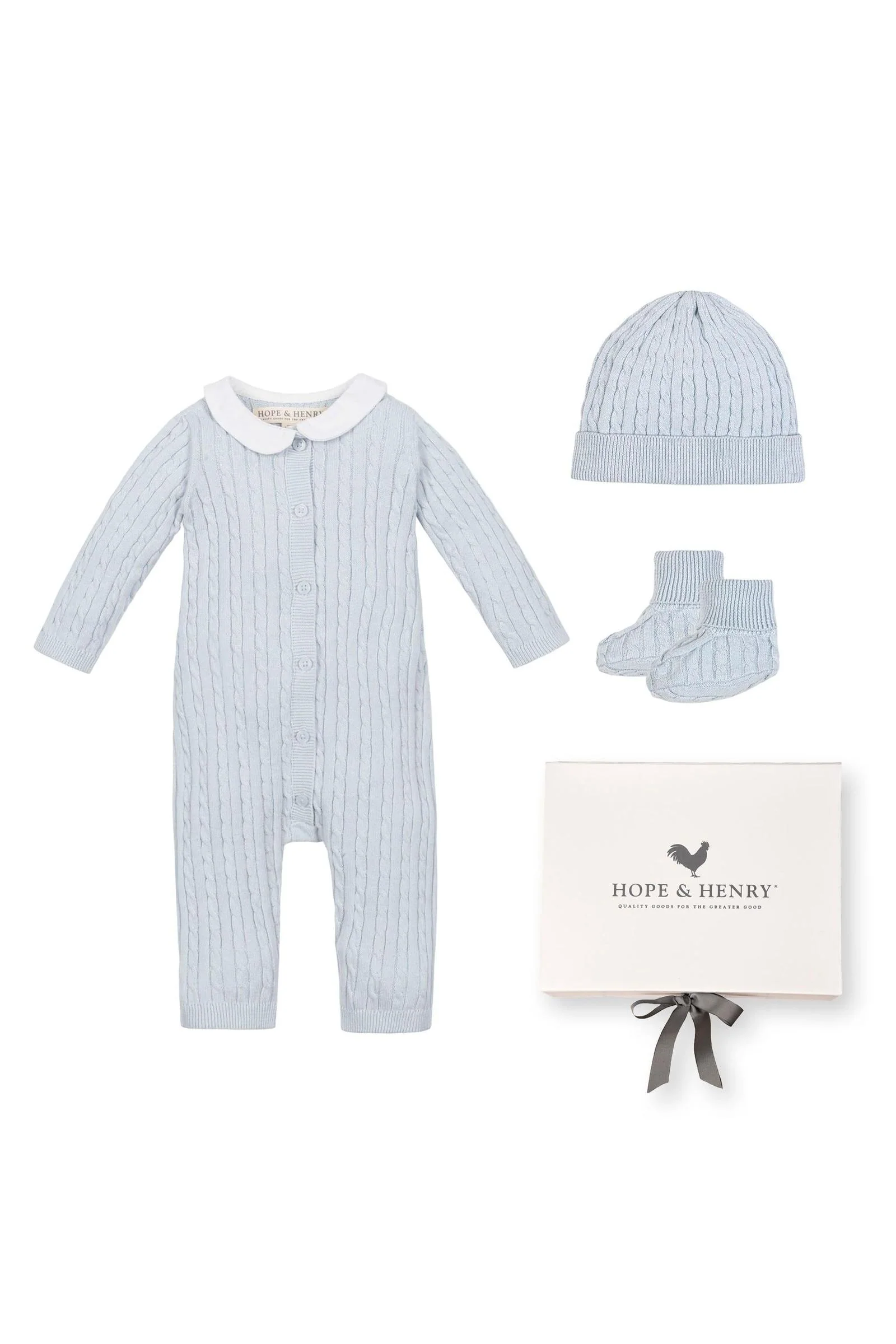 Baby Organic Peter Pan Collar Romper 3-Piece Boxed Gift Set, Pale Blue - Image 2