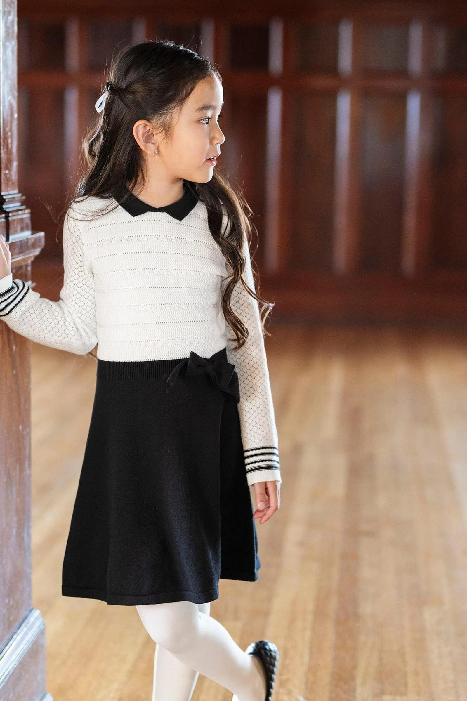 Hope & Henry Organic Cotton Peter Pan Collar Sweater Dress, White & Black, Toddler & Kids