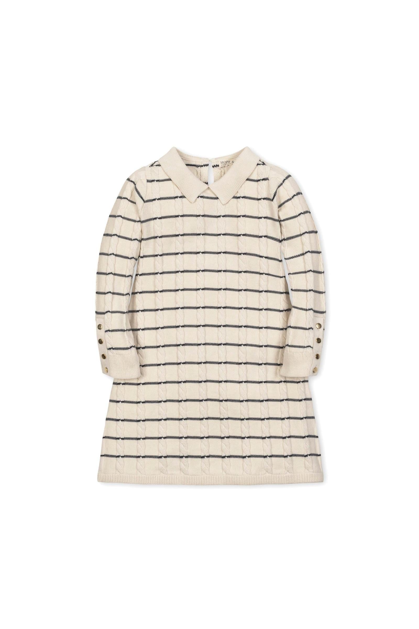 Hope & Henry Organic Cotton Cable Knit Peter Pan Collar Sweater Dress For Girls, Ivory Breton Stripe, Toddler & Kids - Image 2