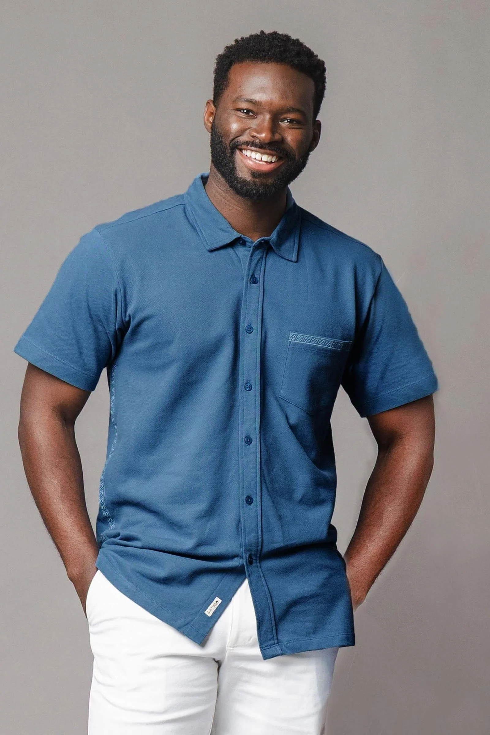 Organic Cotton Pique Short Sleeve Shirt, Stone Blue, Men, Family Matching Outfits - Image 3