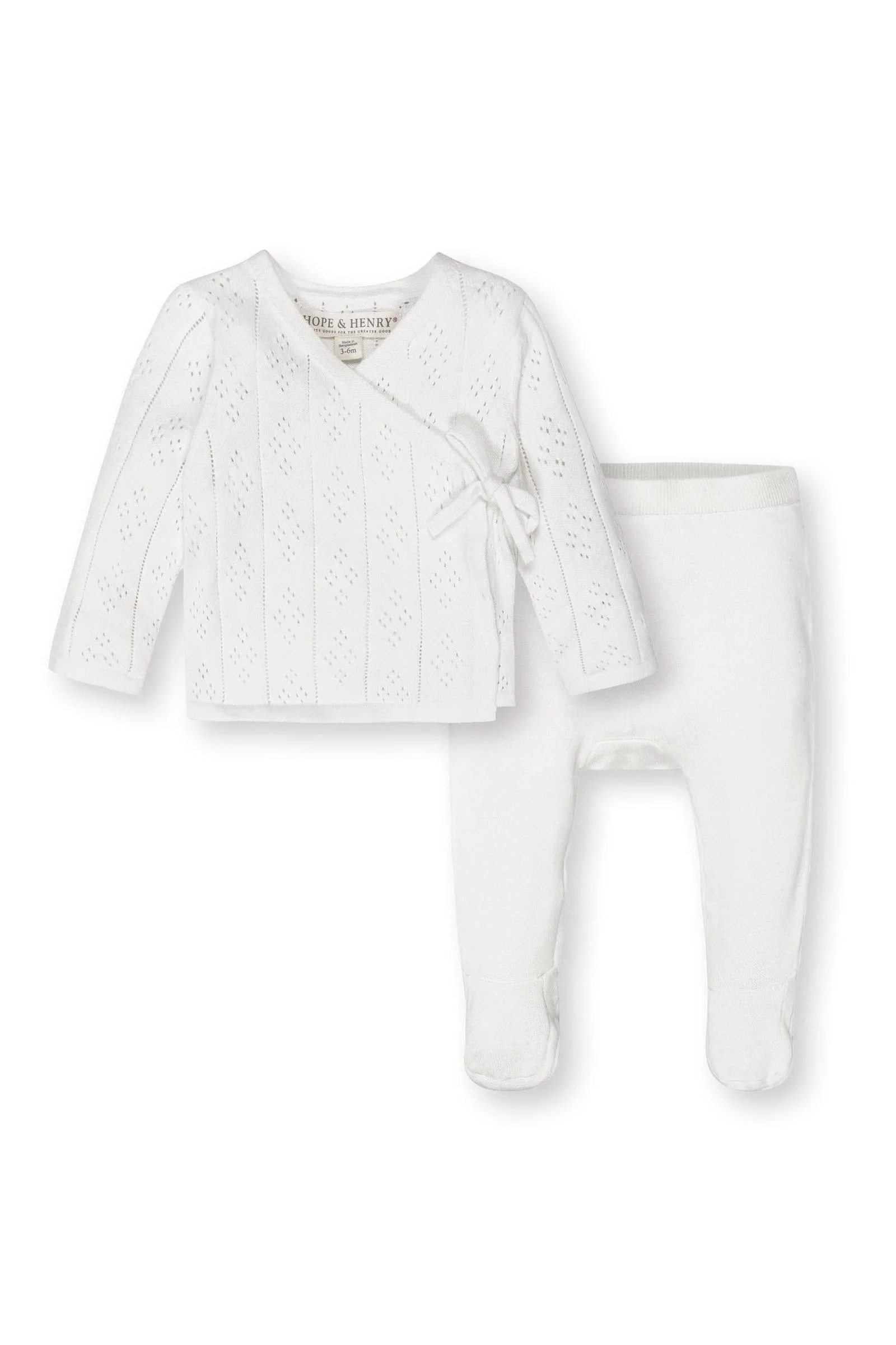 Hope & Henry Organic Cotton Pointelle Sweater and Legging Set for Babies, White, 0-9M - Image 2