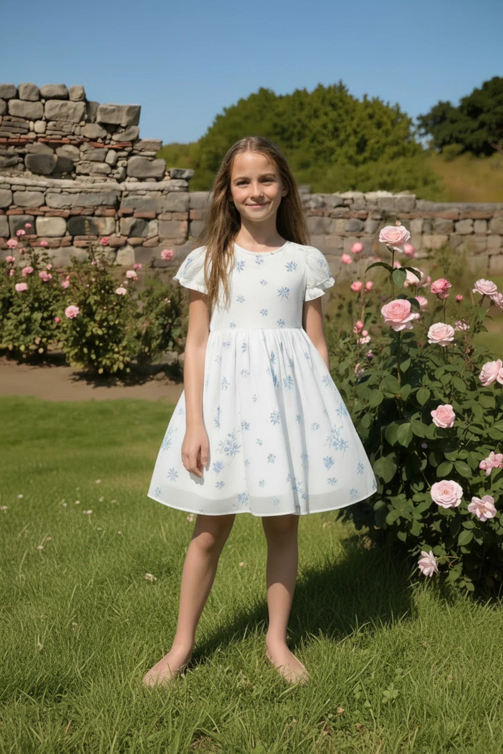 Hope & Henry Organic Cotton Puff Sleeve Sateen Dress for Girls, Delft Floral, Sizes 2T-12