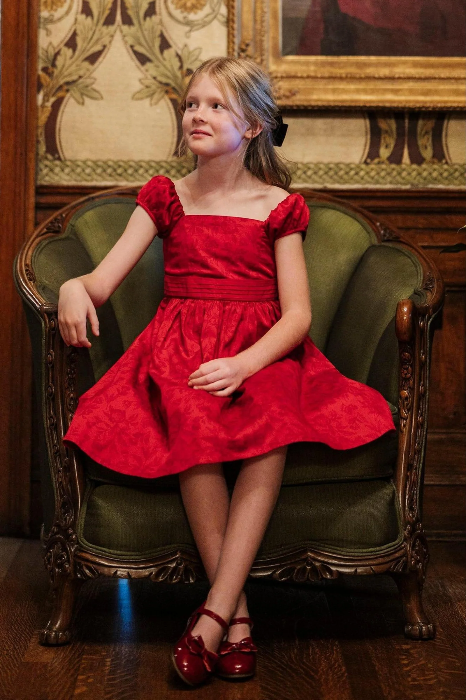 Hope & Henry Organic Cotton Puff Sleeve Sateen Dress for Girls, Fireside Red Toile, Toddler & Kids
