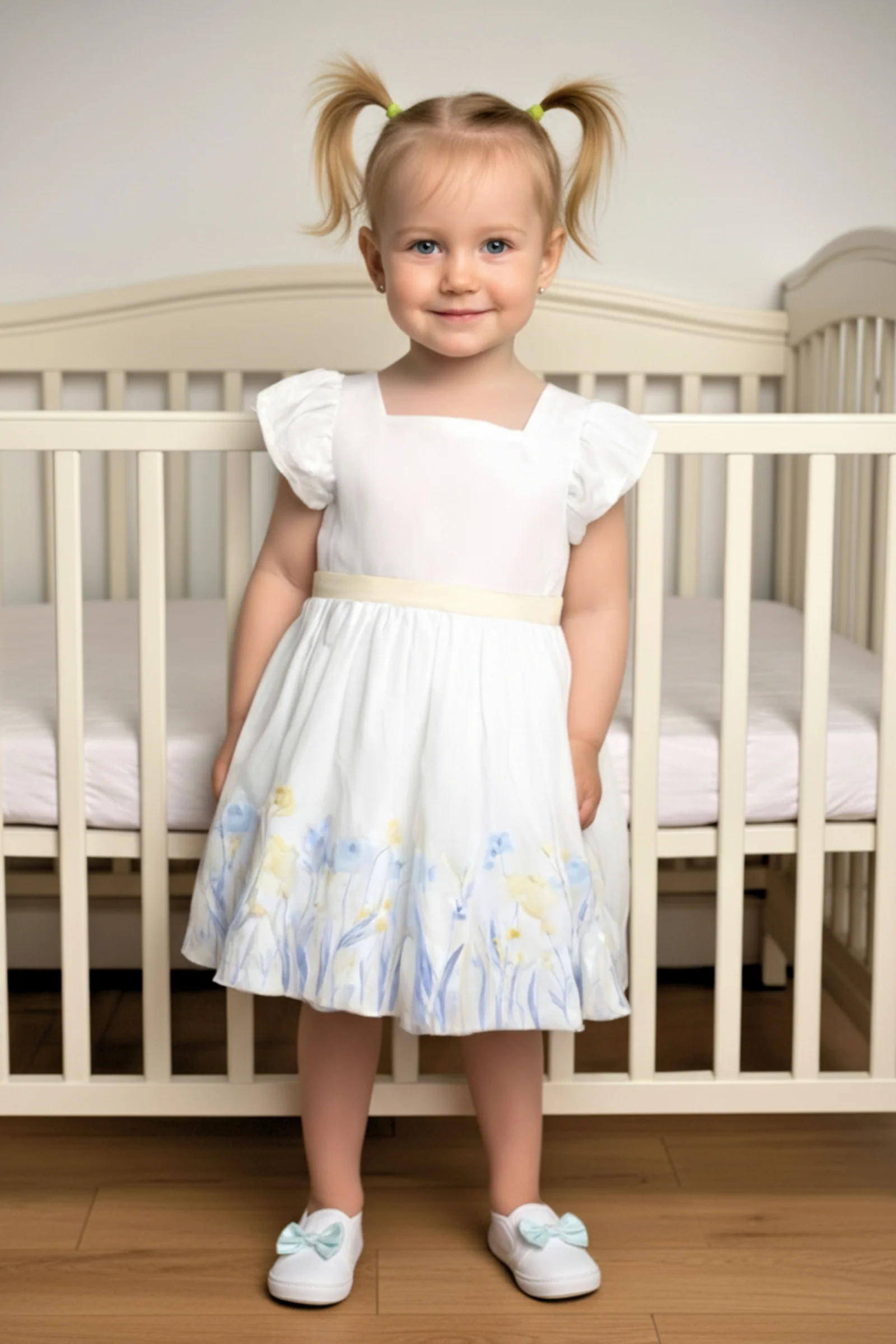 Hope & Henry Organic Cotton Puff Sleeve Sateen Dress for Girls, Sunlit Border Floral, Sizes 2T-12