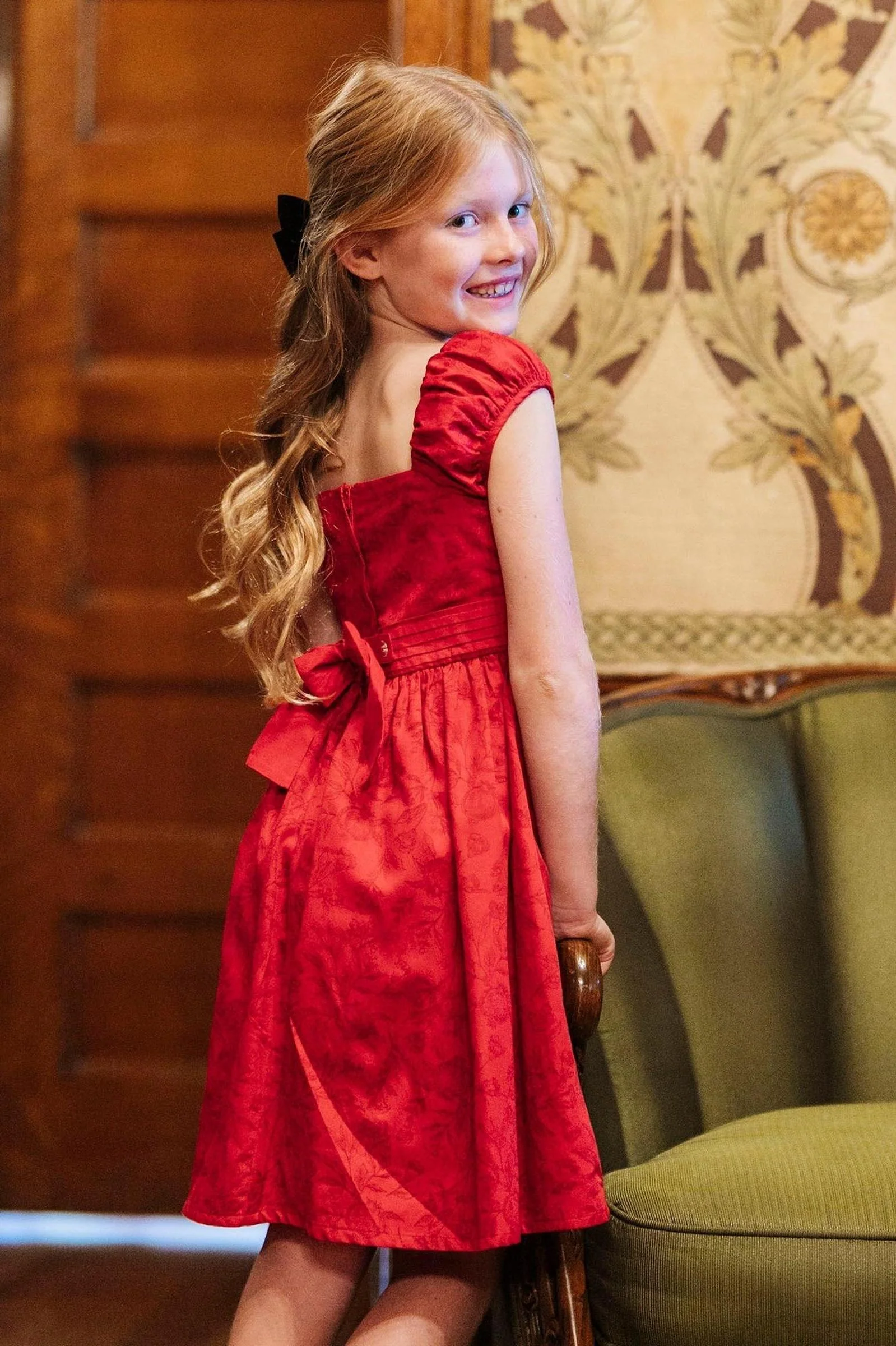 Hope & Henry Organic Cotton Puff Sleeve Sateen Dress for Girls, Fireside Red Toile, Toddler & Kids - Image 3