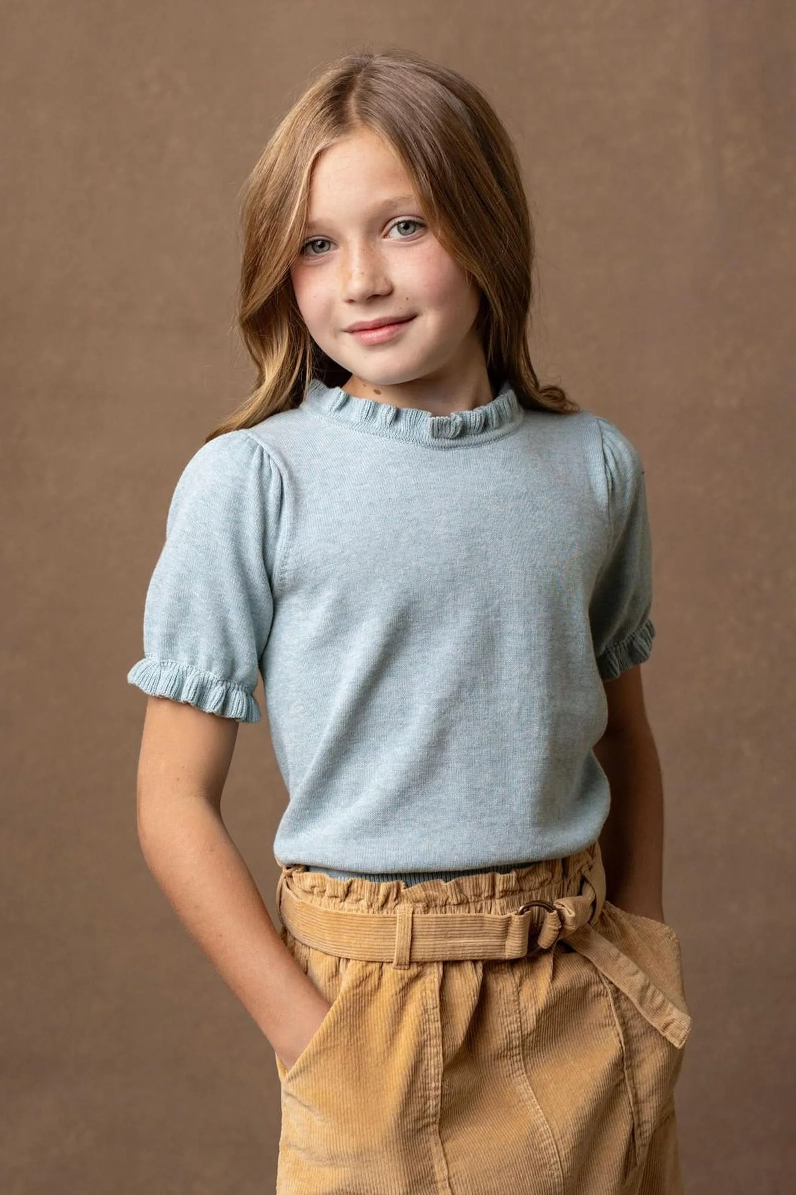 Organic Cotton Puff Sleeve Sweater, Dusty Blue Heather, Baby - Image 3
