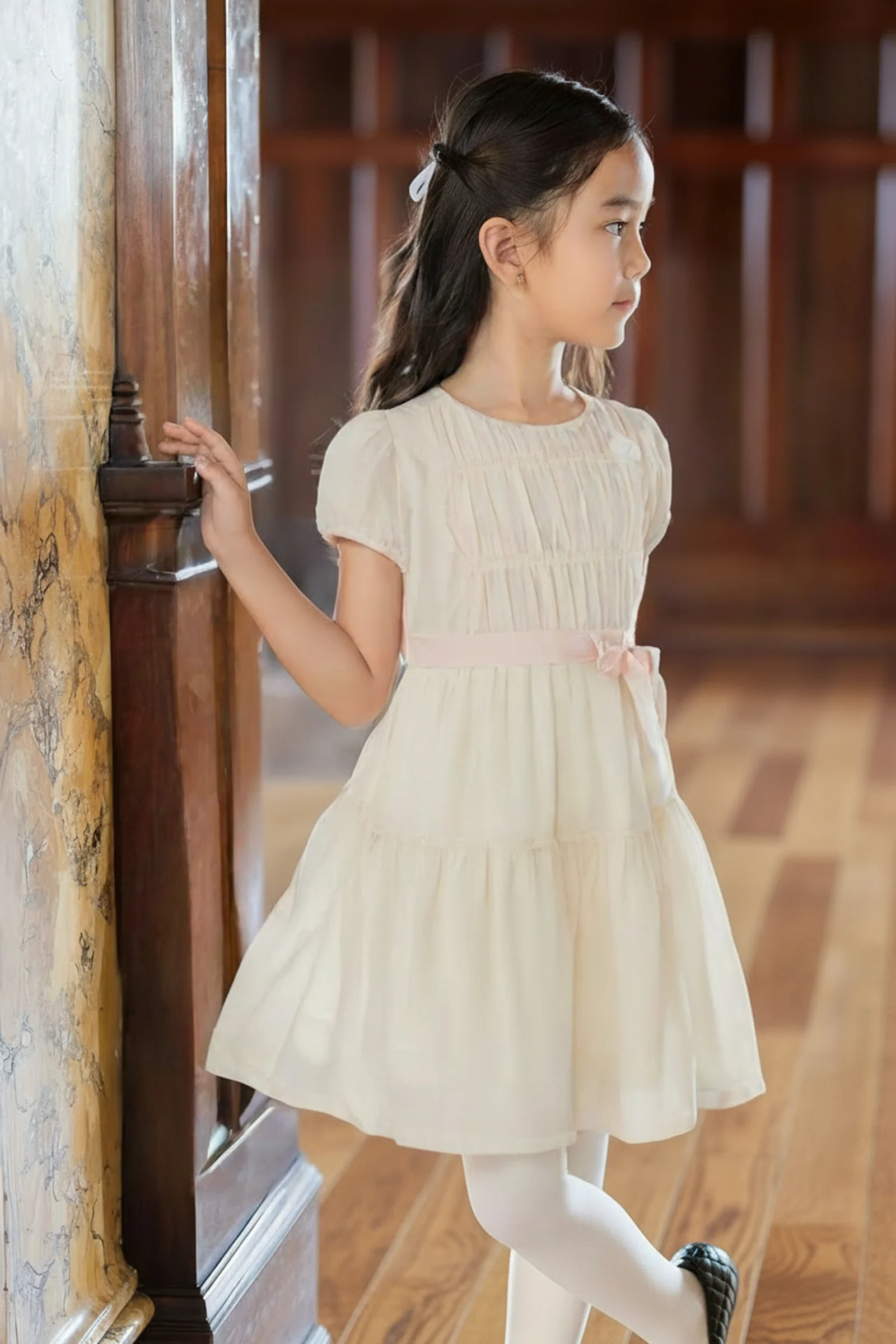Hope & Henry Organic Cotton Puff Sleeve Tiered Party Dress for Girls, Natural with Pink, Sizes 2T-12