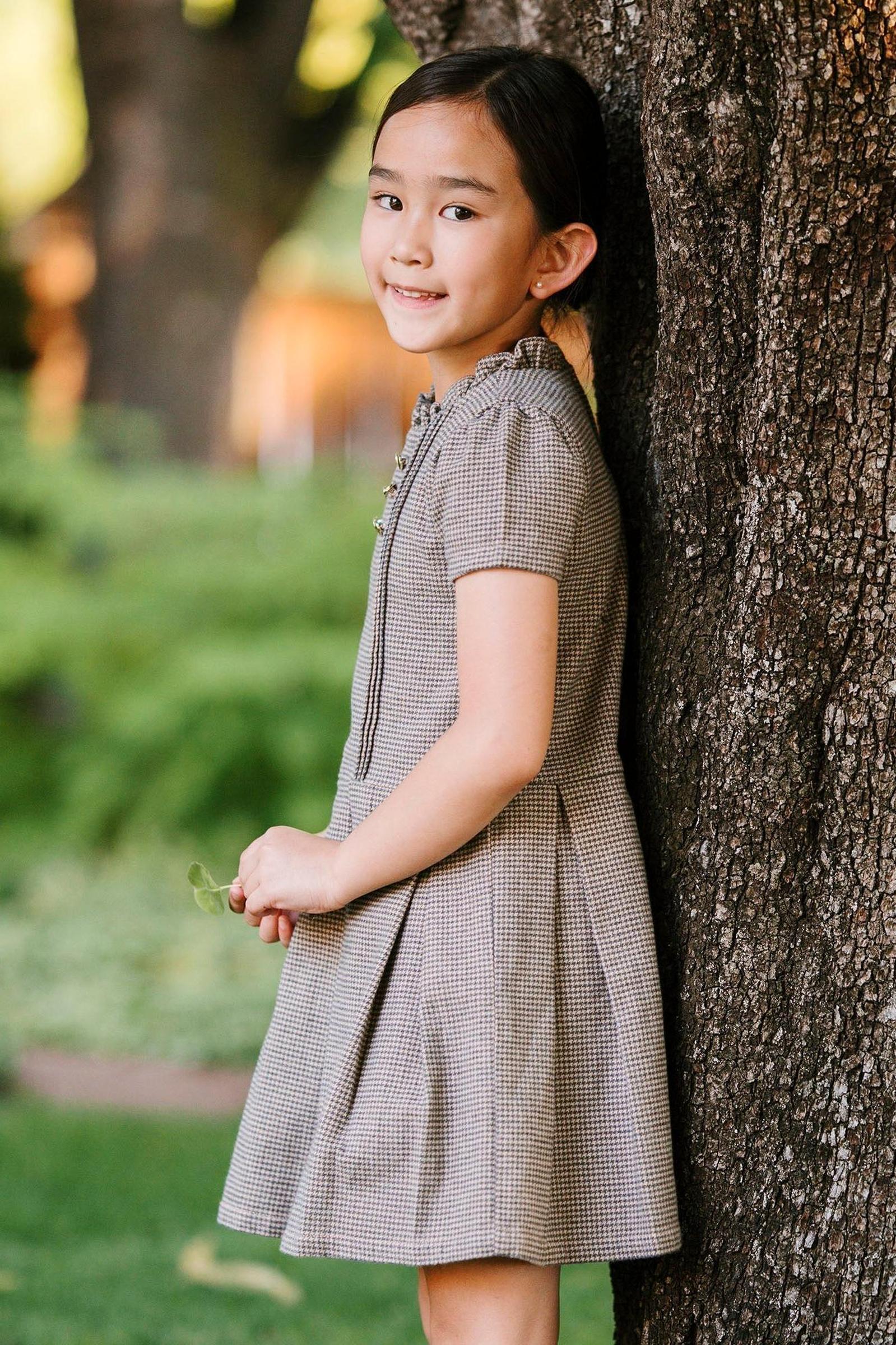 Hope & Henry Organic Cotton Ruffle Collar Houndstooth Dress, Beige and Grey, Toddler & Kids
