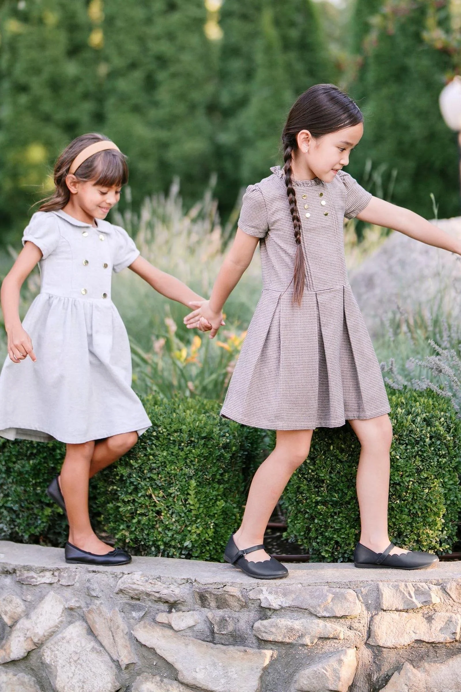 Hope & Henry Organic Cotton Ruffle Collar Houndstooth Dress, Beige and Grey, Toddler & Kids - Image 3