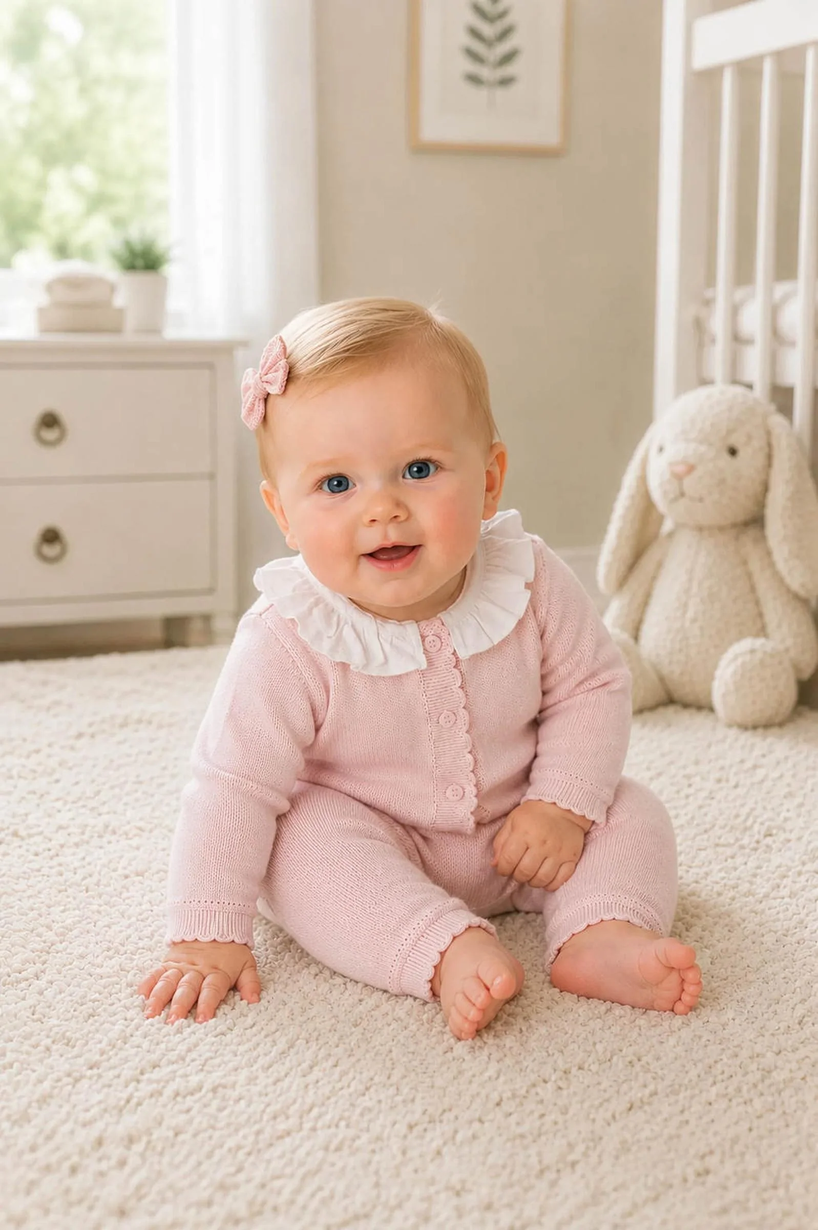 Organic Cotton Ruffle Collar Sweater Romper, Pale Pink, Baby