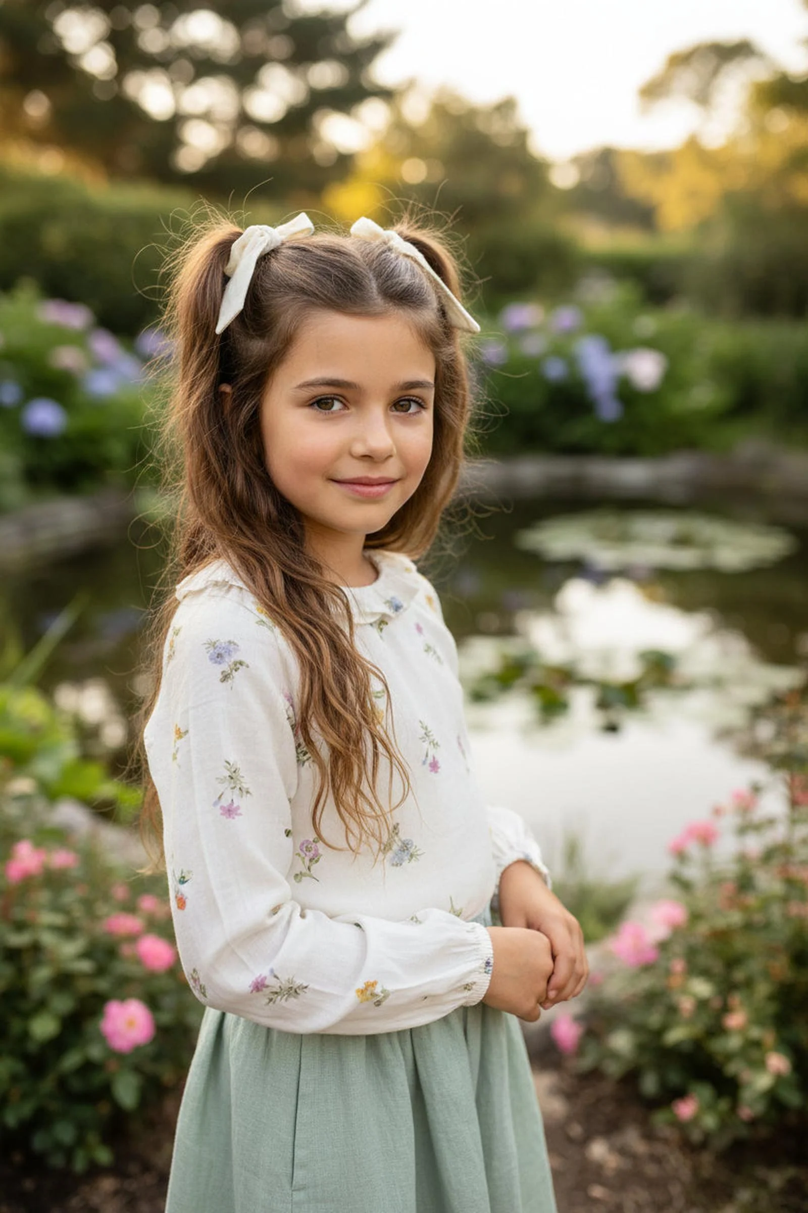 Hope & Henry Organic Cotton Ruffle Collar Top For Girls, Ivory Floral, Toddler & Kids